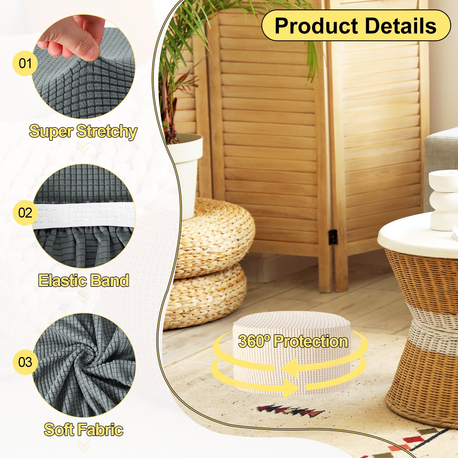 Ottomen Cover Round with Elastic Bottom, (Large Size, New Gray)