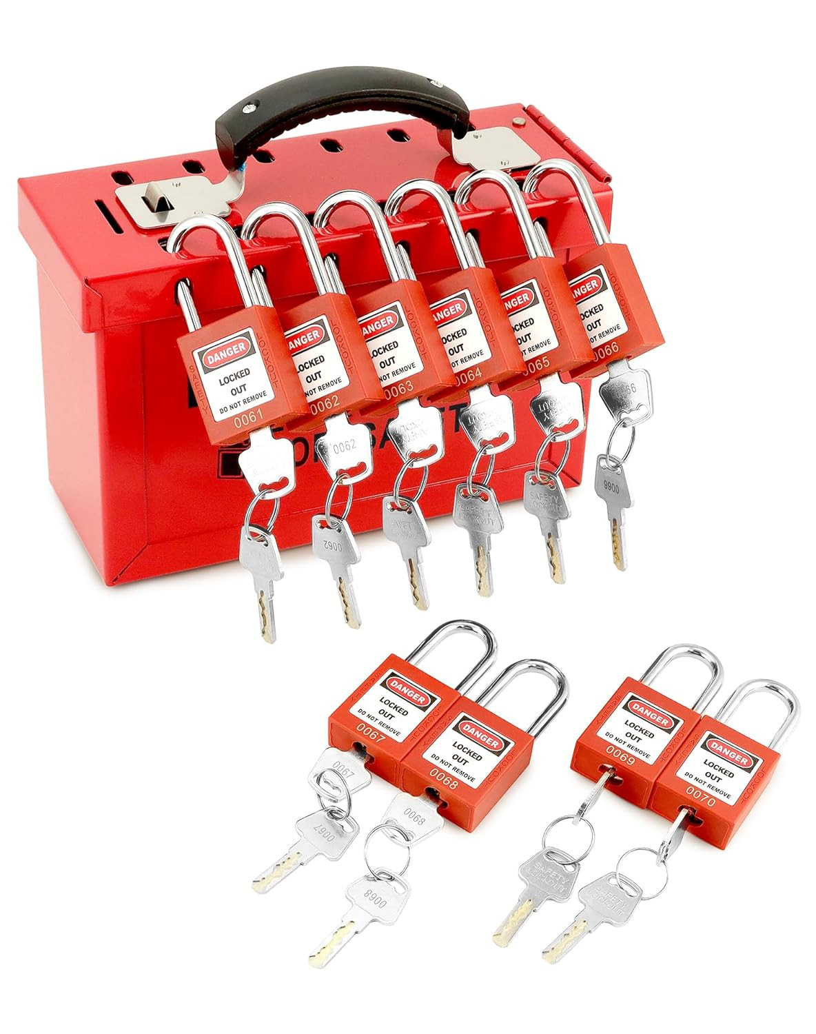 Portable Lockout Tagout Box Kit with 10 Keyed Locks and 12 Slots, Red