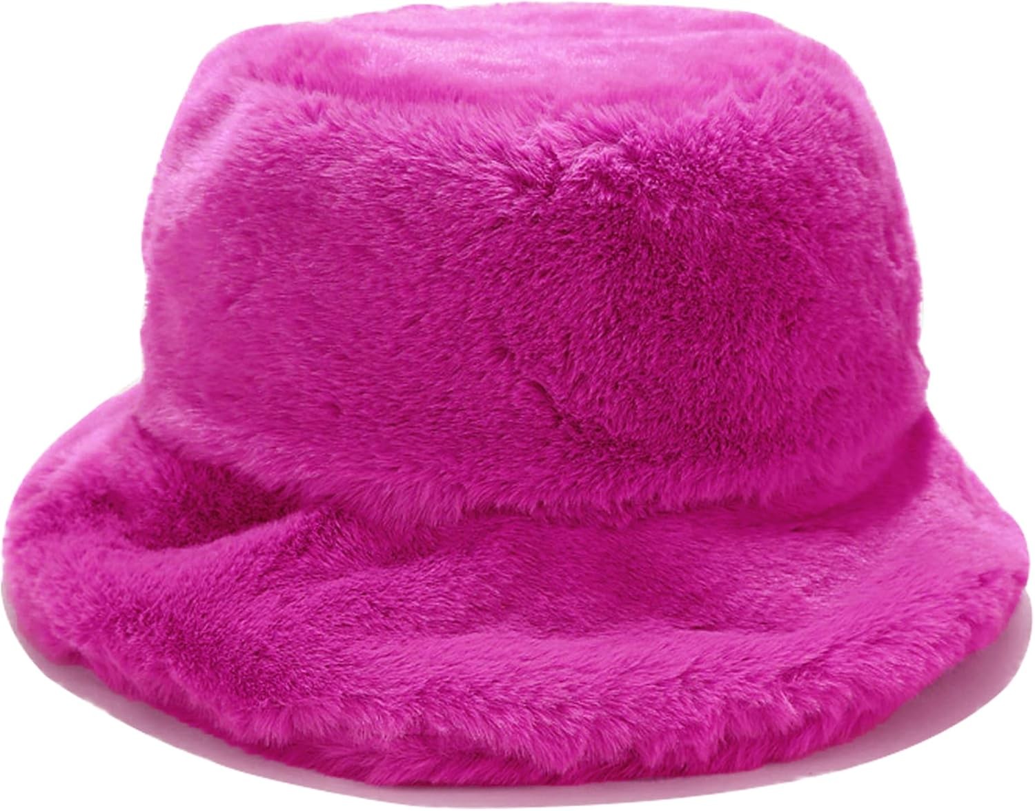 Umeepar Winter Faux Fur Fuzzy Bucket Hat Fluffy Warm One Size, Hot Pink