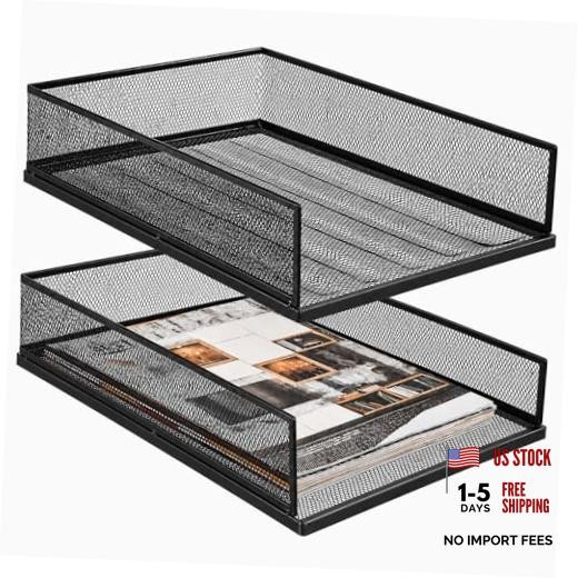 2 Pack Wire Mesh Letter Trays 12.8"x10"x2.9", Stackable Paper Tray Organizer
