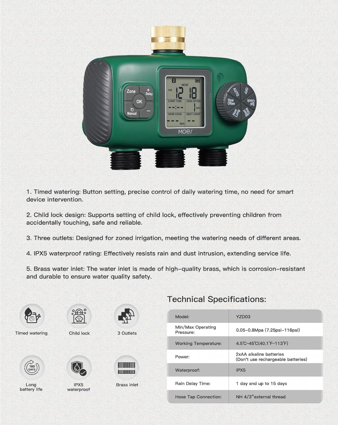 MOES 3 Outlet Sprinkler Timer, Brass Inlet, Programmable Automatic Irrigation Co