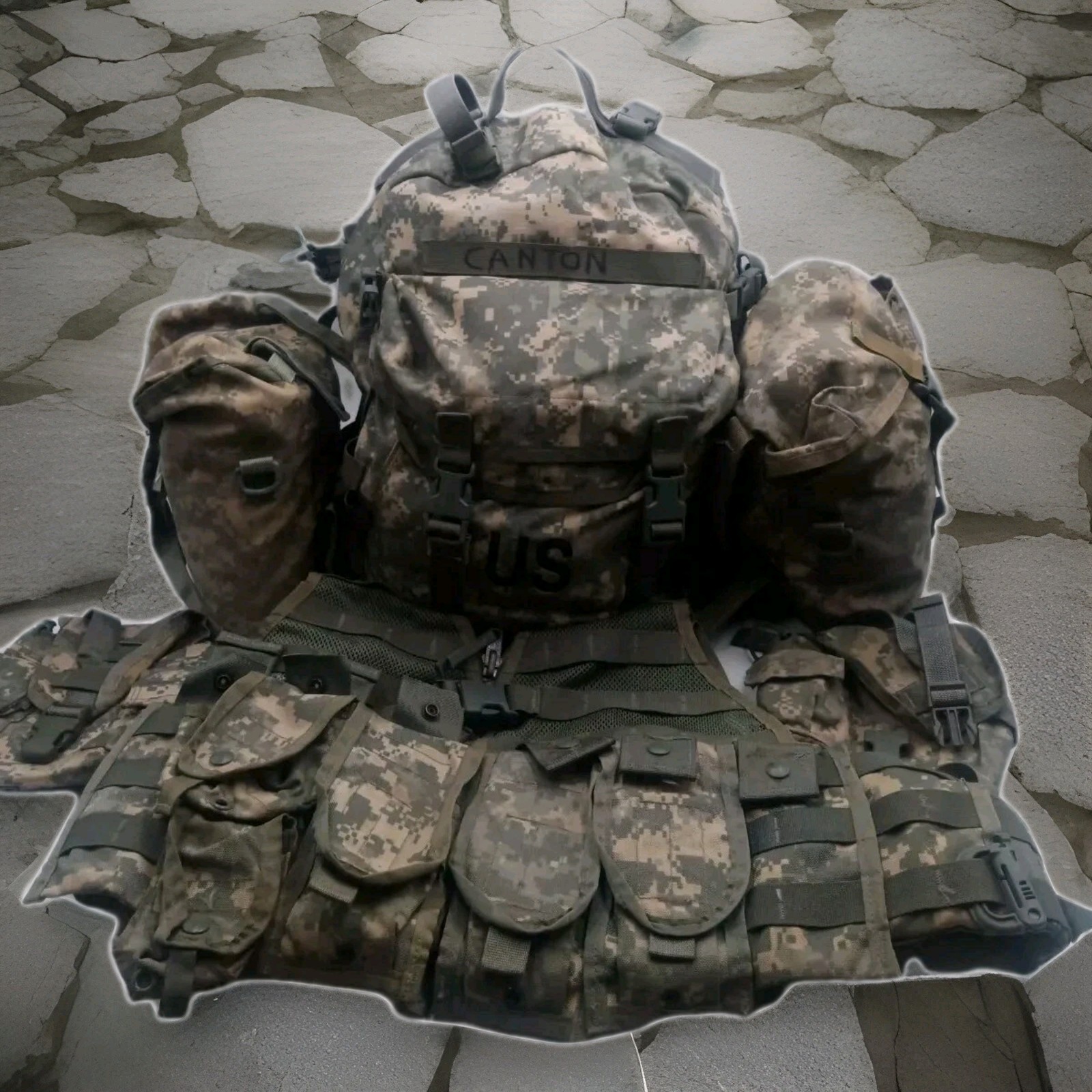 USGI ACU Assault Pack /3 Day Pack+ 2 Sustainment Pouches+ Vest +9 Pouches 7424