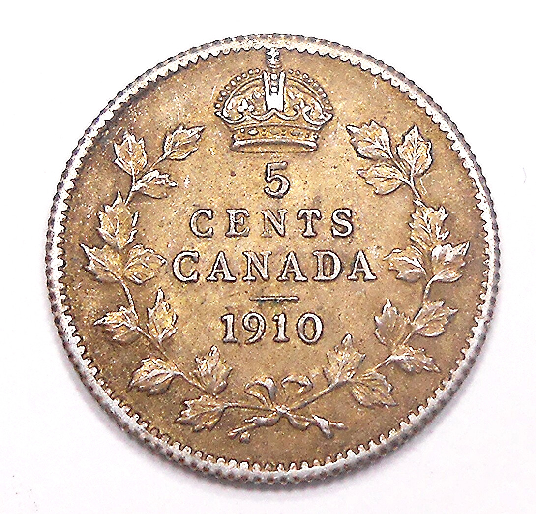 1910 POINTED LEAF Five Cents Silver AU-UNC ** Golden BEAUTY Edward VII Canada 5¢