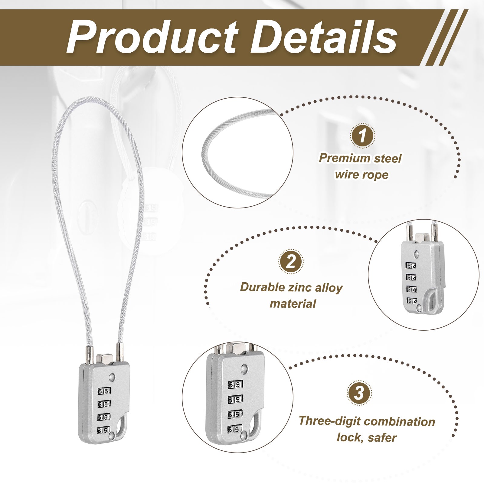 1-Pack Combination Padlock, 4 Digit 12 in Cable Luggage Lock [Silver Grey]