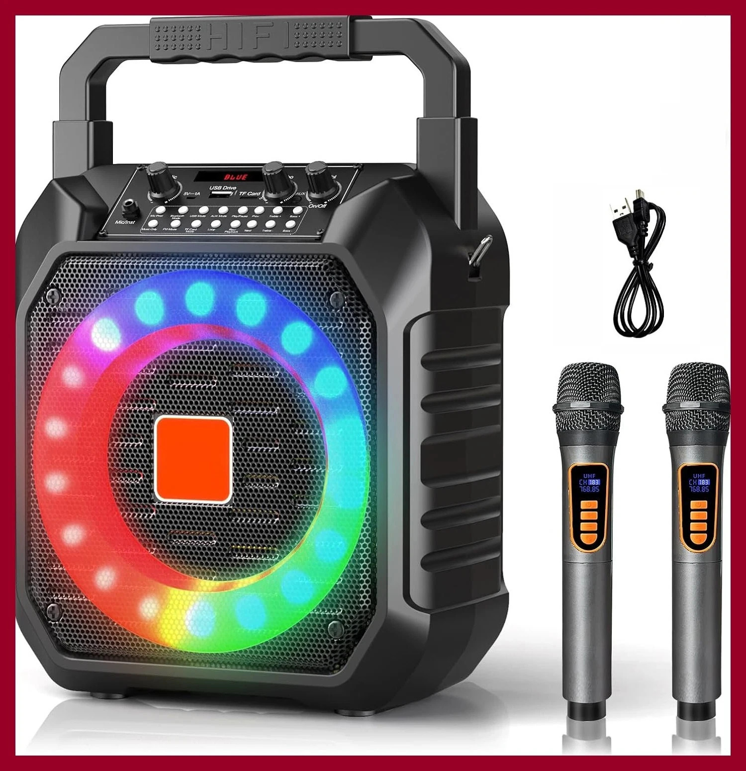 Karaoke Machine With 2 Wireless Microphones,Portable Bluetooth 5.0 Speaker Light