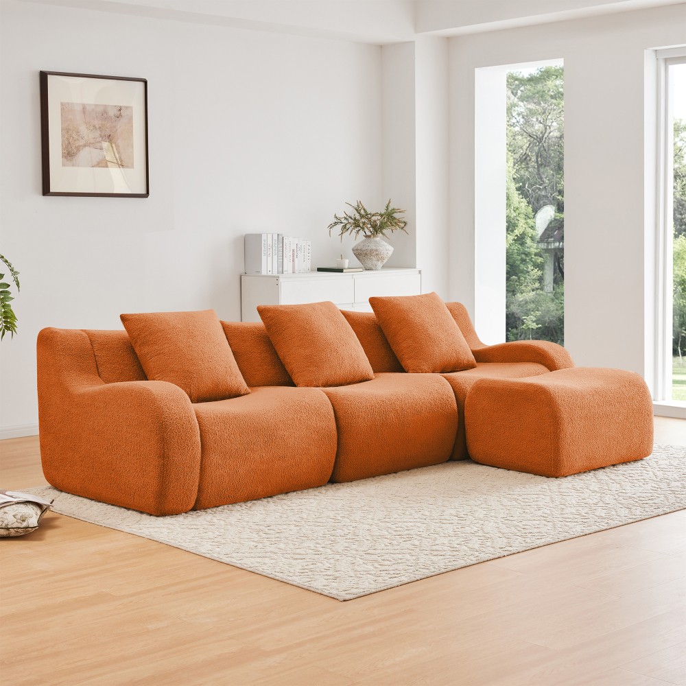 3-Seat Sofa w/ Teddy Fabric, Anti-Slip Base & Curved Armrests - Orange