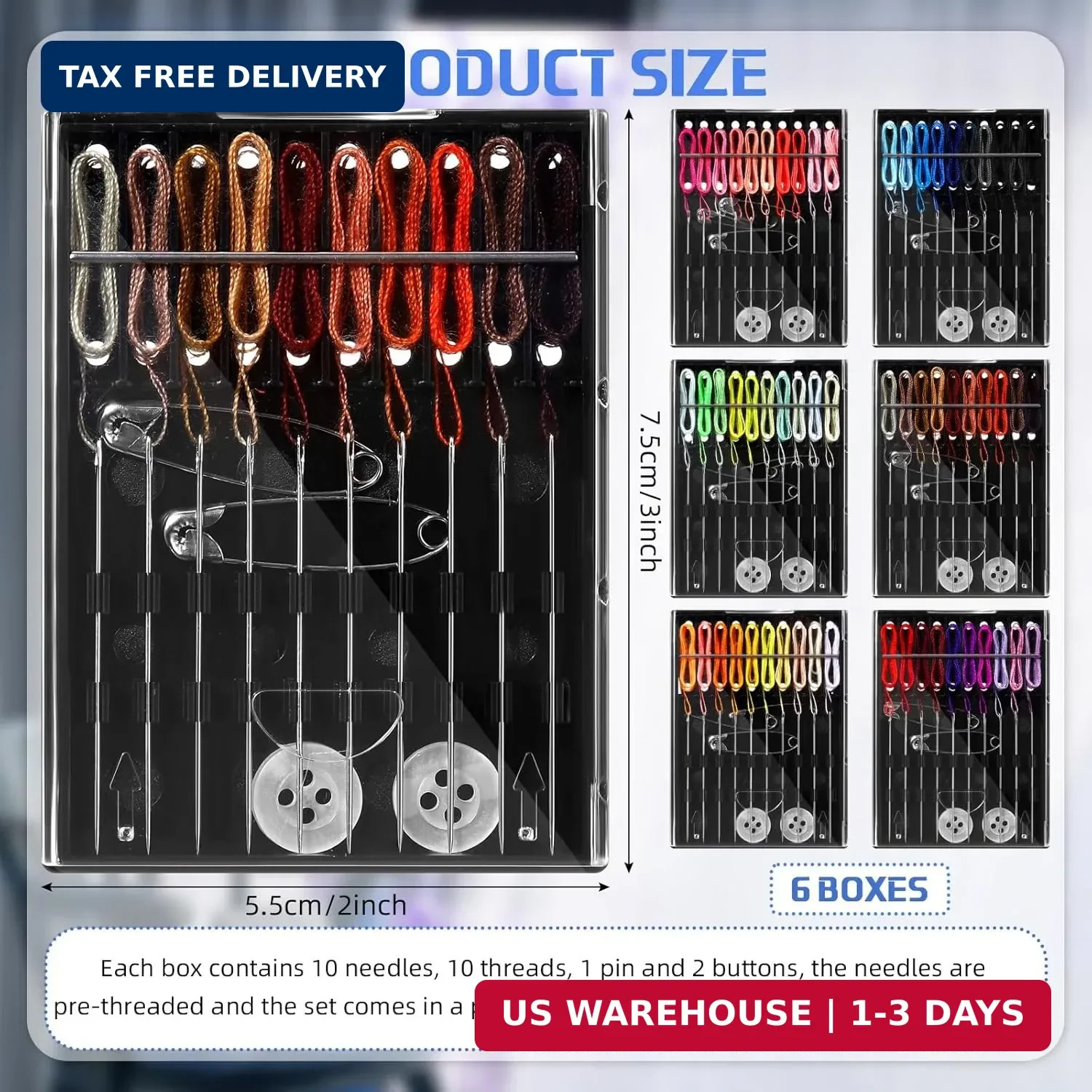 6 Boxes (60 Pcs) Pre Threaded Needle Kit Assorted Color (Mixed Color)
