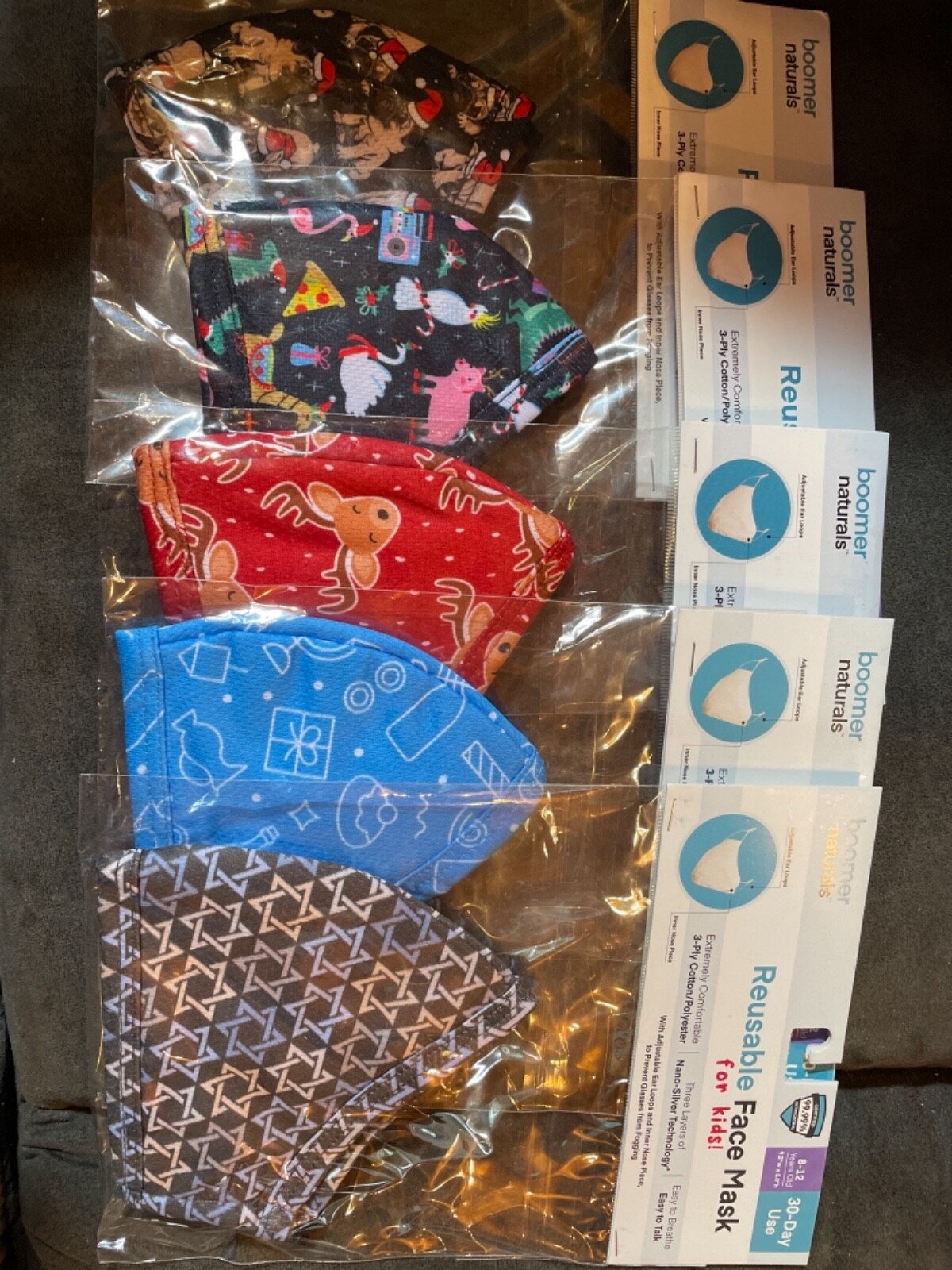 Lot of 5 New 8-12 yr Youth Boomer Naturals Reuseable Face Masks Holiday Prints