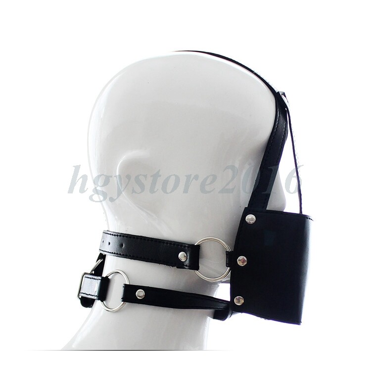 Faux Leather Head Hood Open Mouth Gags Muzzle Strap Half Face Restraint