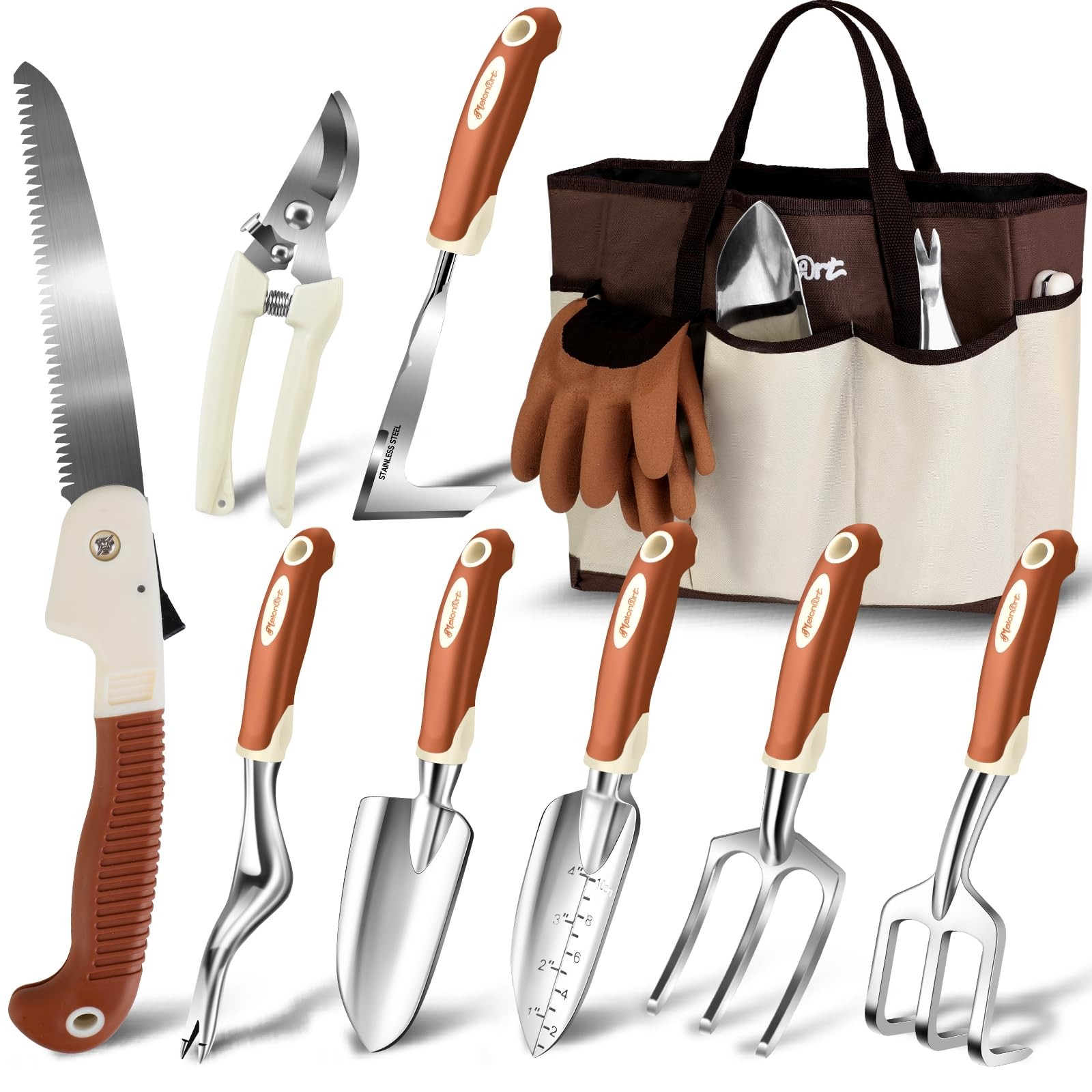 MelonArt Garden Tool Set,10 Pcs Heavy Duty Gardening Hand Kit for Brown