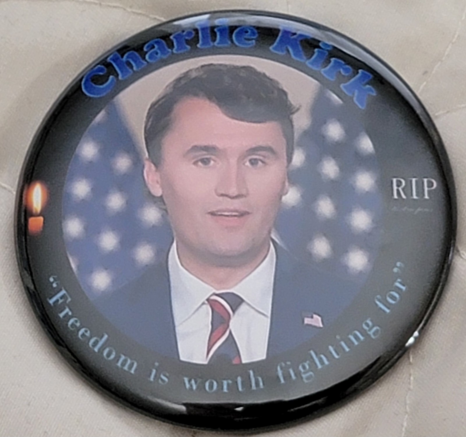 Charlie Kirk w/ Vinyl-Tap Tag, R.I.P., 2.25" Freedom, Button, Pinback