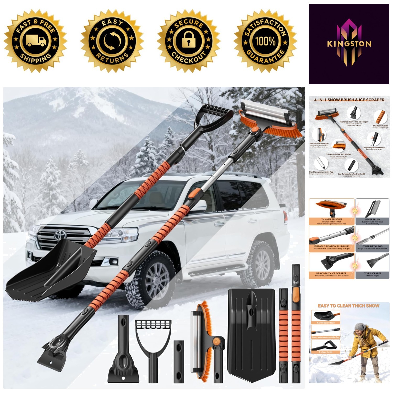 4-in-1 Snow Broom Kit with 180° Pivoting Head - Perfect for Cars & SUVs