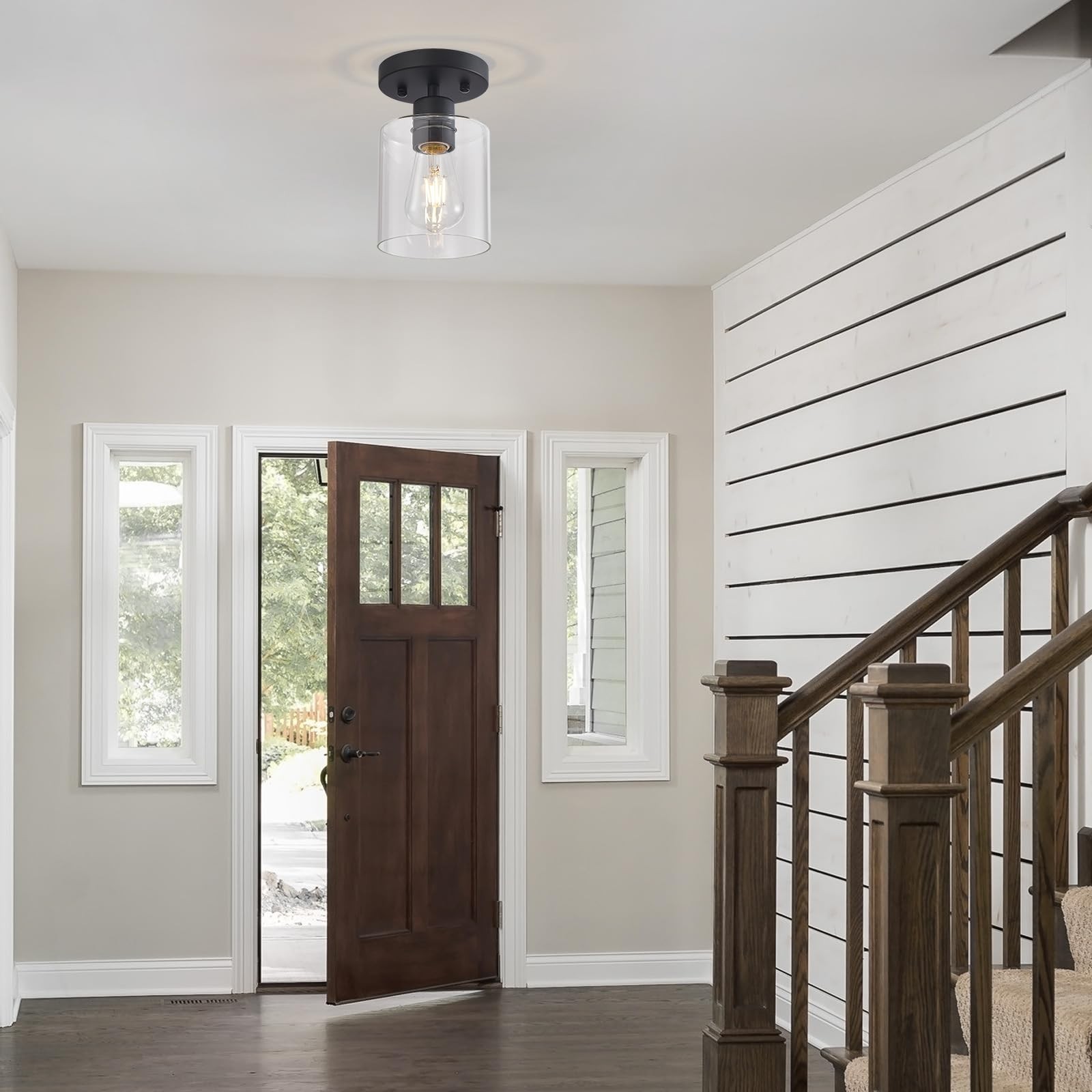 Black Semi Flush Mount Ceiling Light, 1-Light Ceiling Light Fixtures, Farmhou...