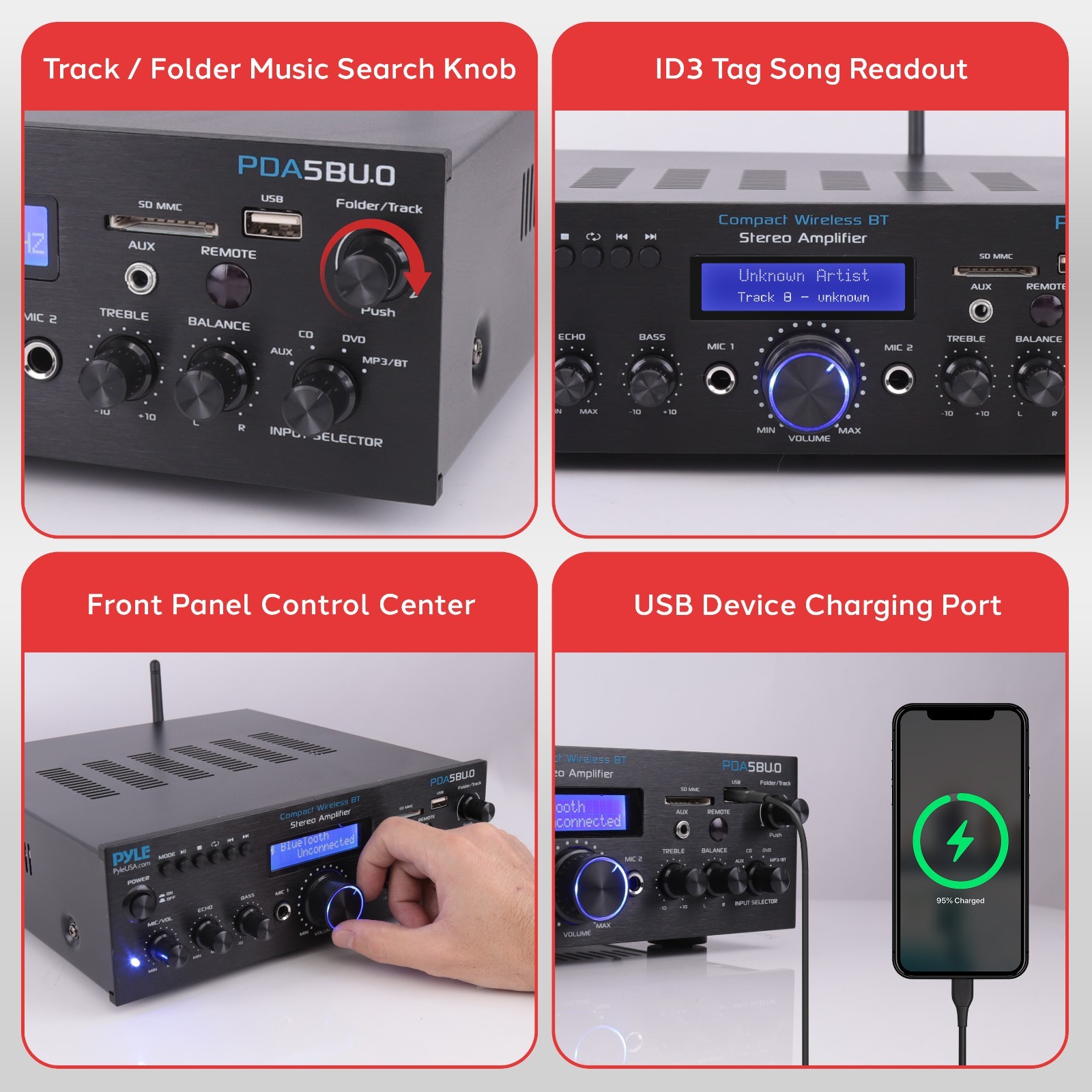 Pyle Compact Bluetooth Stereo Amplifier - Home Desktop Stereo Receiver System