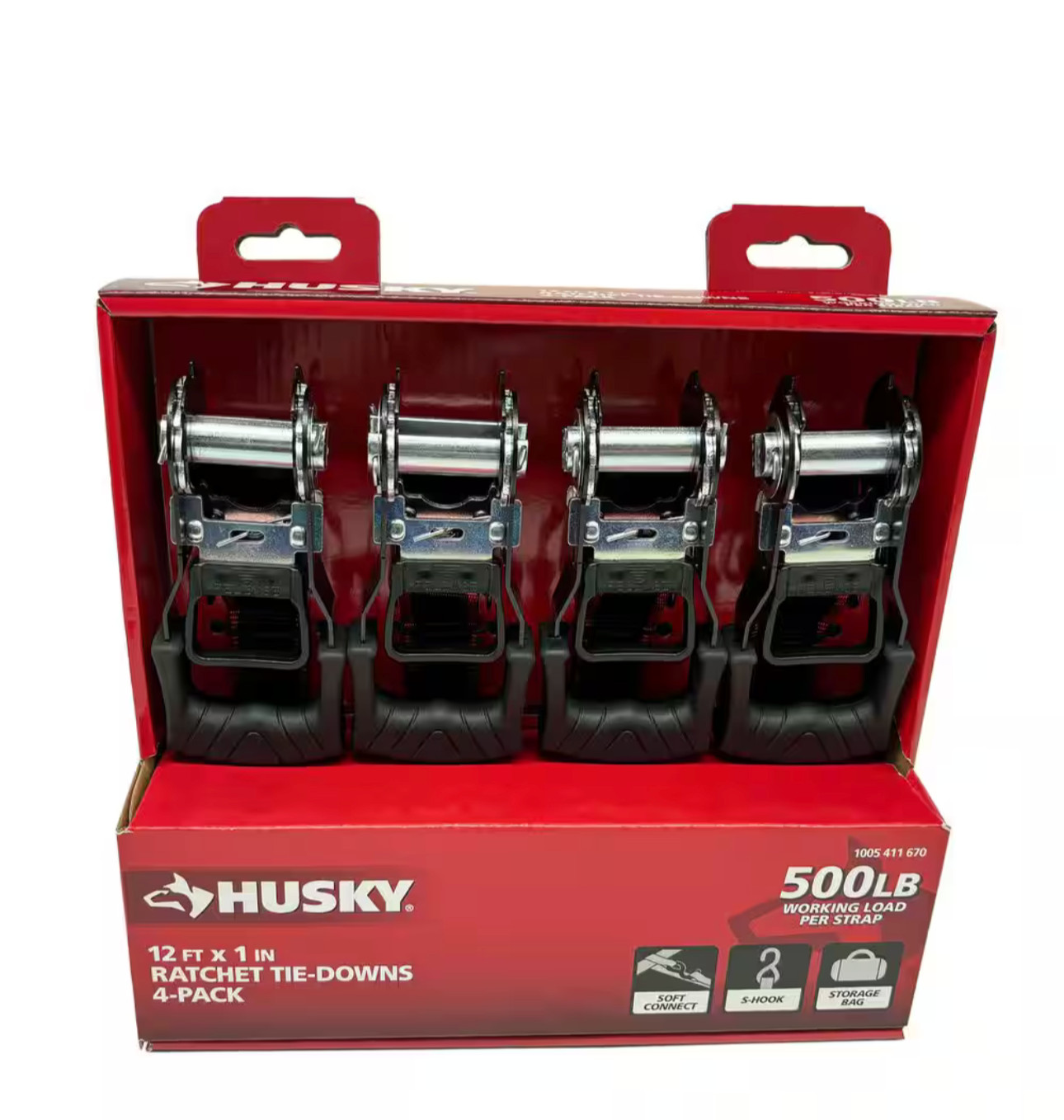HUSKY RATCHET TIE-DOWN STRAPS 4-PACK 1 in. x 12 ft. Quick Release Hook 500 lbs.