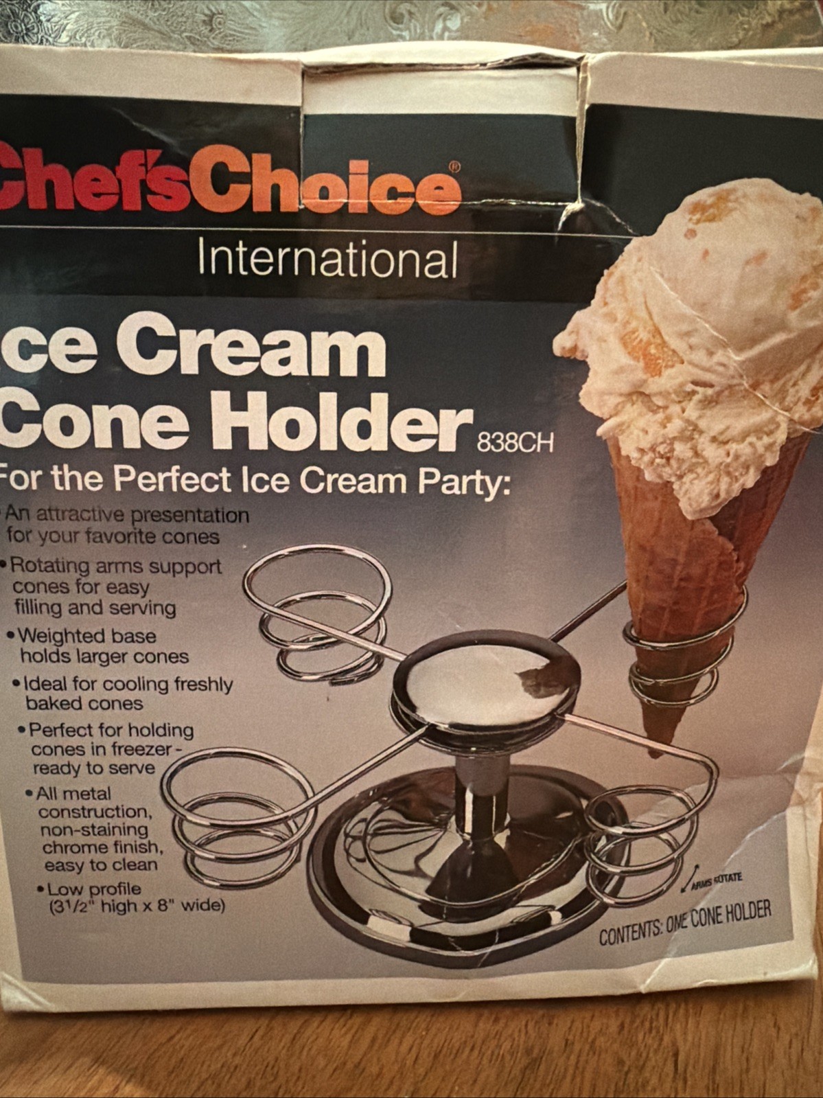 New Chef's Choice Stainless Steel Rotating Arm Ice Cream Cone Holder 838CH