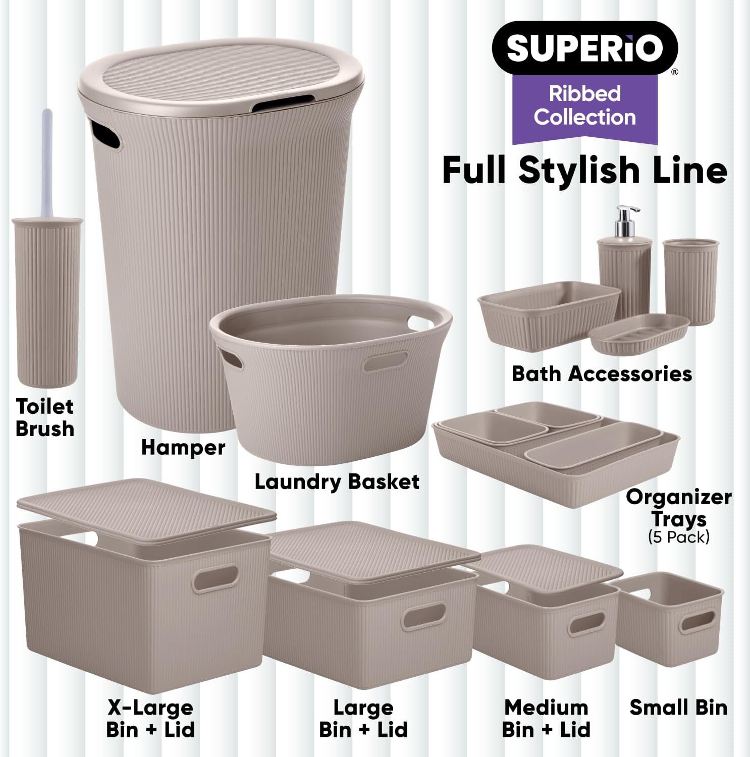 Superio 5L Small Ribbed Storage Bin- Plastic Storage Bin (2 Pack, Taupe)