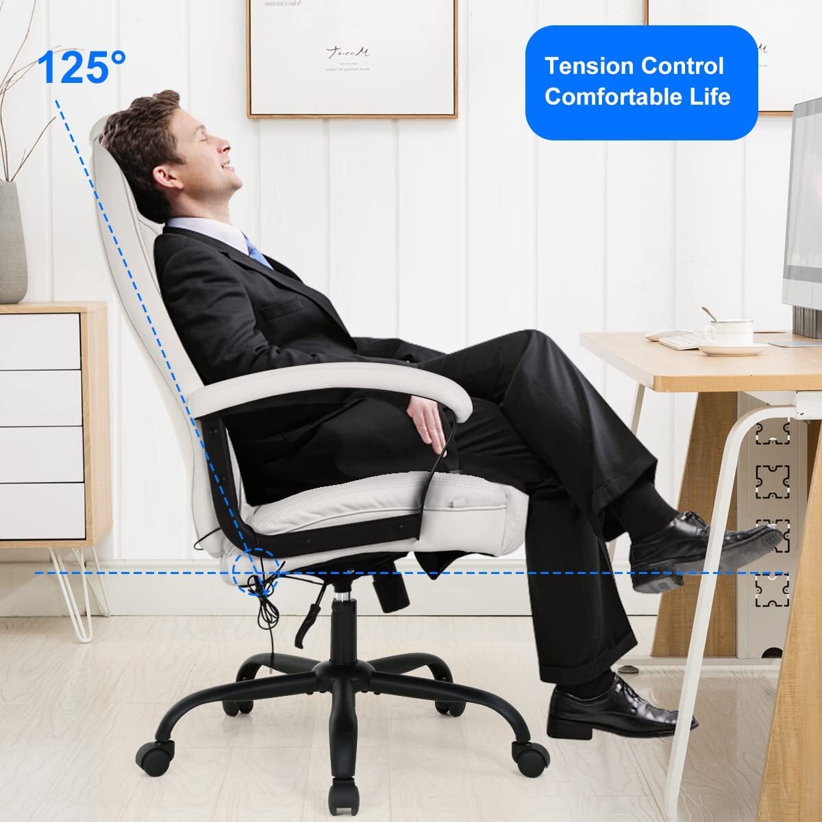 Big and Tall Chair Massage Ergonomic 500lbs Wide Seat with Lumbar Support White