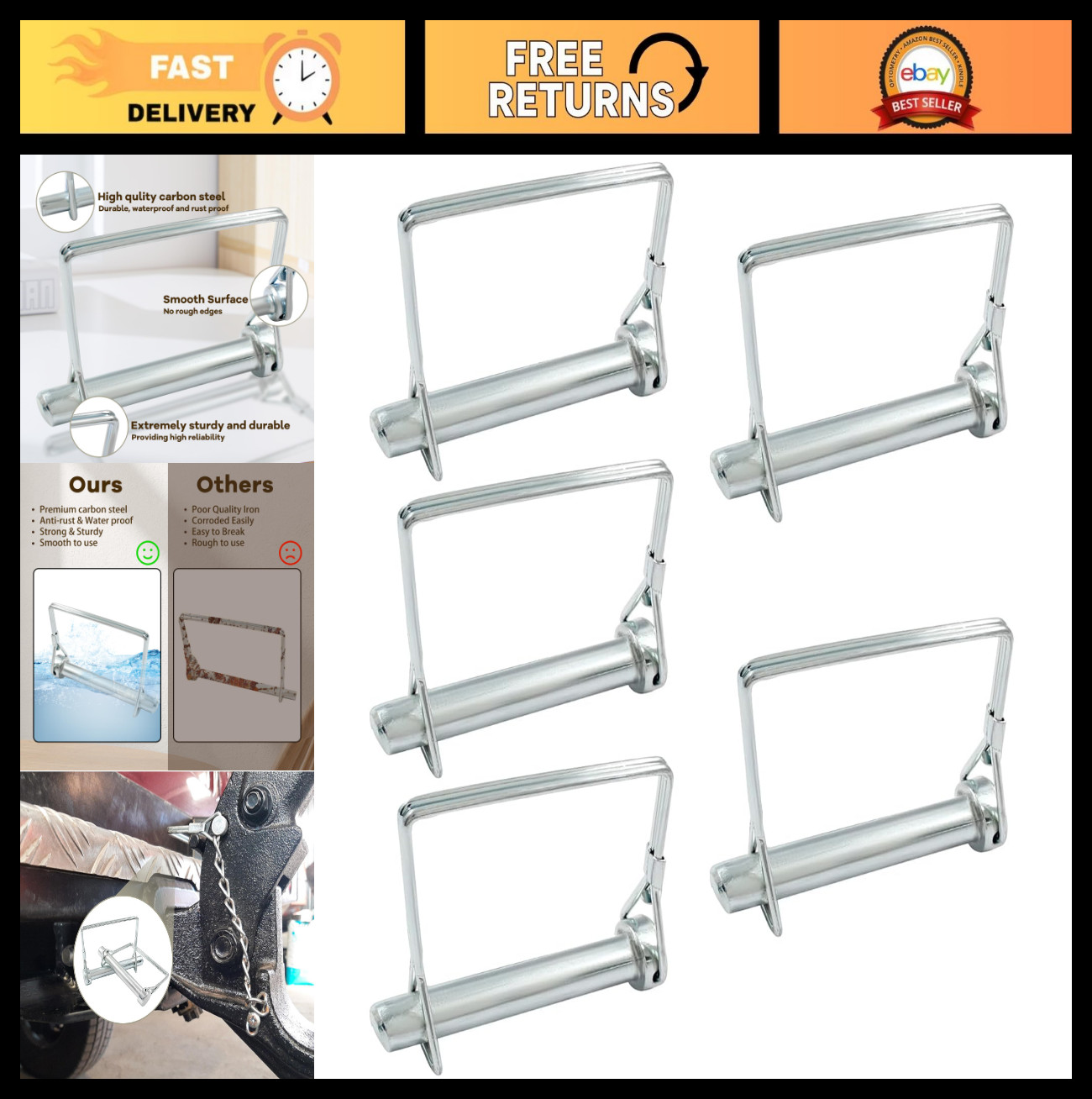 5 Pcs Heavy Duty 3/8" x 2-3/4" Locking Pins, Safety Coupler & Hitch Pin Set