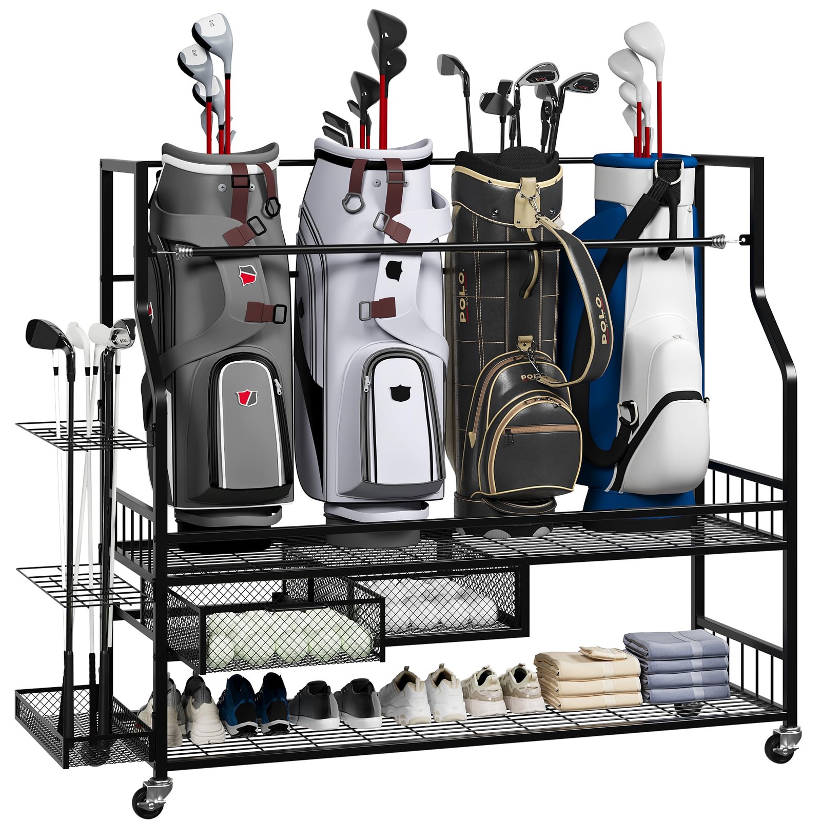 Golf Bag Storage Garage Organizer Rack|Wheels,Fit 4 Golf Bags,Metal Stand&Drawer