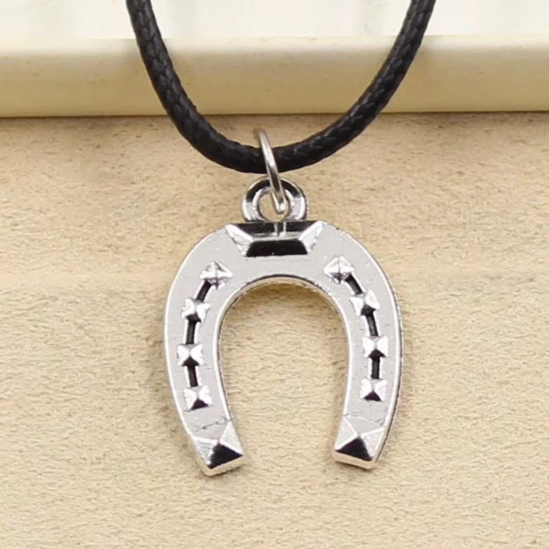 Horseshoes Tibetan Silver Color Pendant Necklace Black Cord Factory Handmade