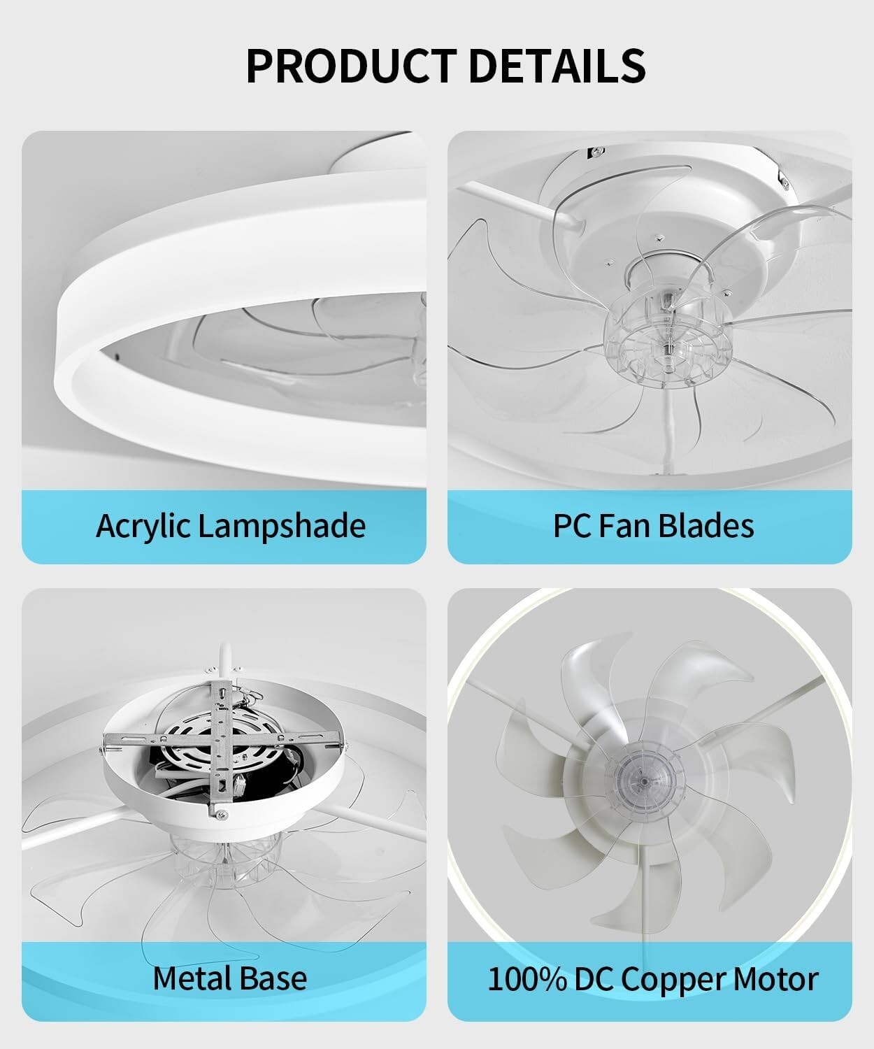 20" Modern Fan Lights Flush Mount LED Ceiling Light kit With Remote APP Control