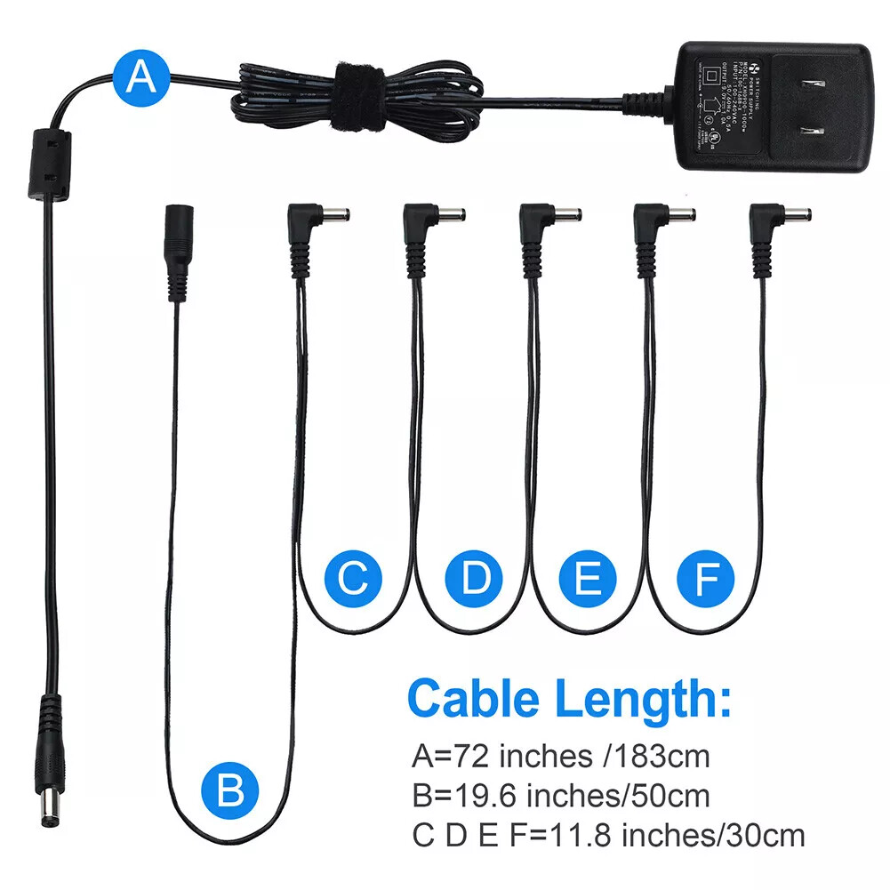 9V 1A Power Supply Multi-Plug w/ 5 Cables 9 Volt Adapter for Guitar Effect Pedal