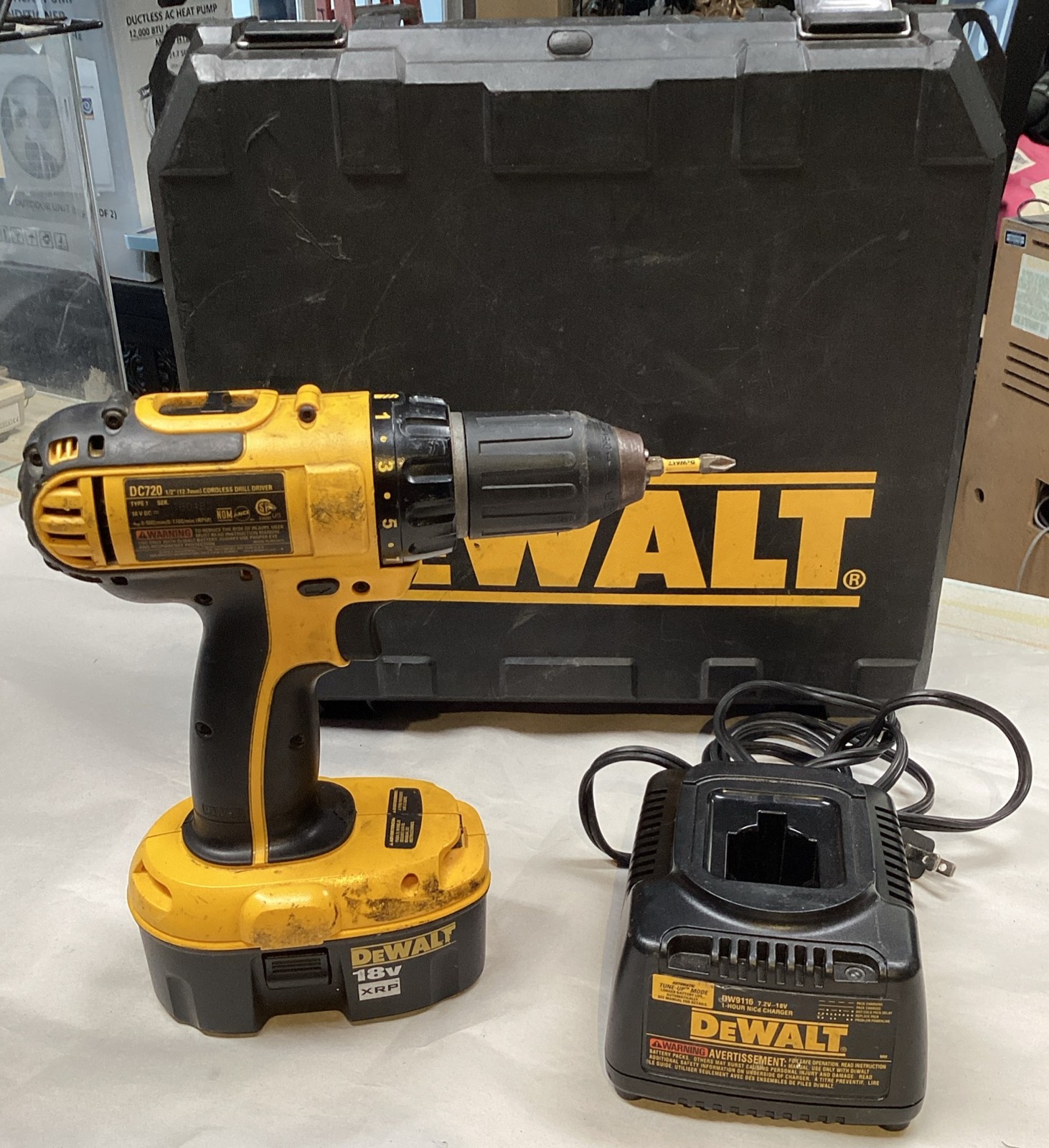 DeWalt DC720 1/2" Cordless Drill Driver with 18V Battery Charger Case & Manual