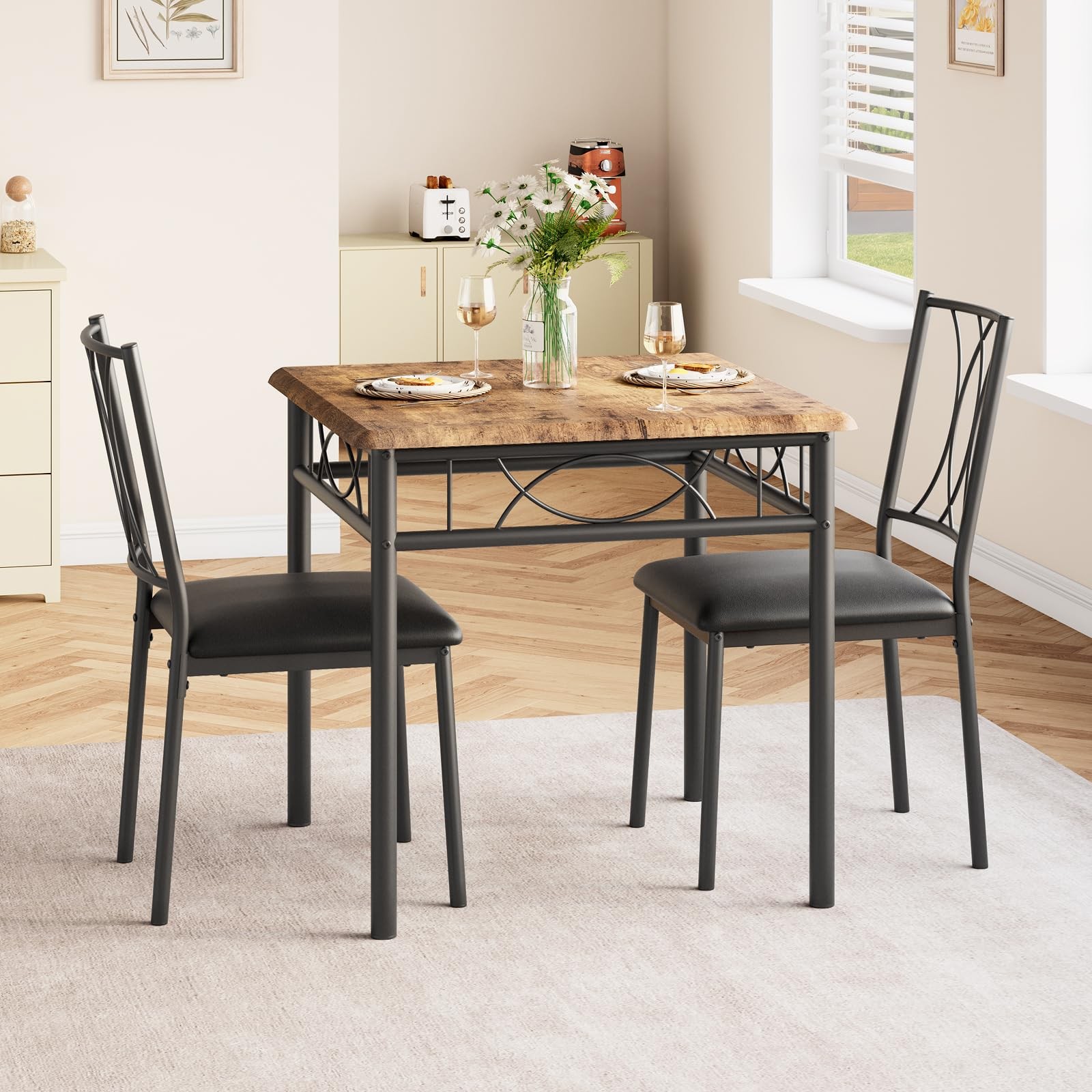 Garvee 3-Piece Wood Dining Table Set for 2, Compact and 2 Chairs, Brown