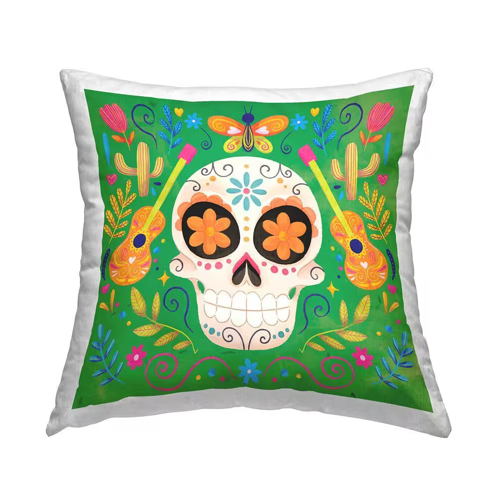 Green Day of Dead Patterned Skull Green Floral Polyester 18In. X 18In. Throw Pil