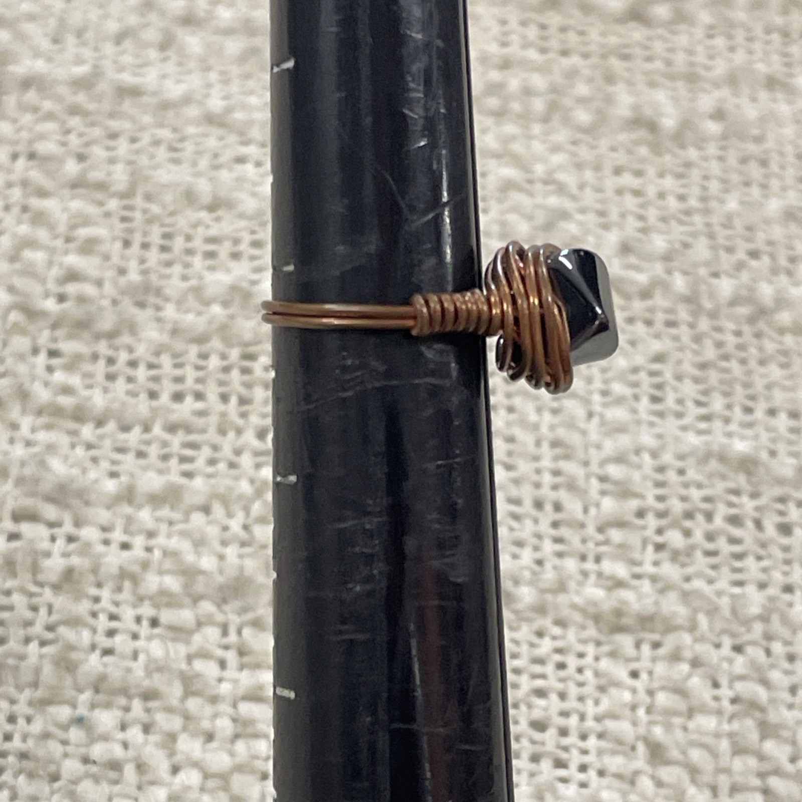 Copper Wire Wrapped Polished Gray Stone Ring Size 6.25
