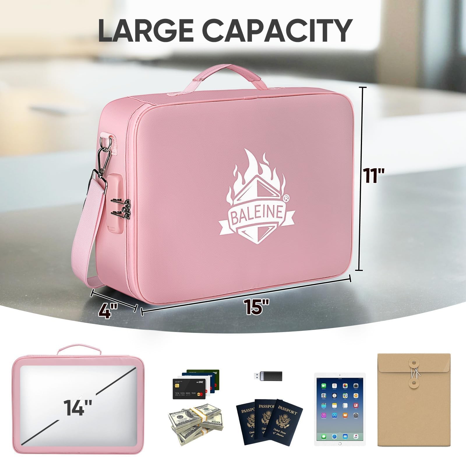 BALEINE Fireproof Document Box with Lock, Portable Fireproof Document Bag Wat...