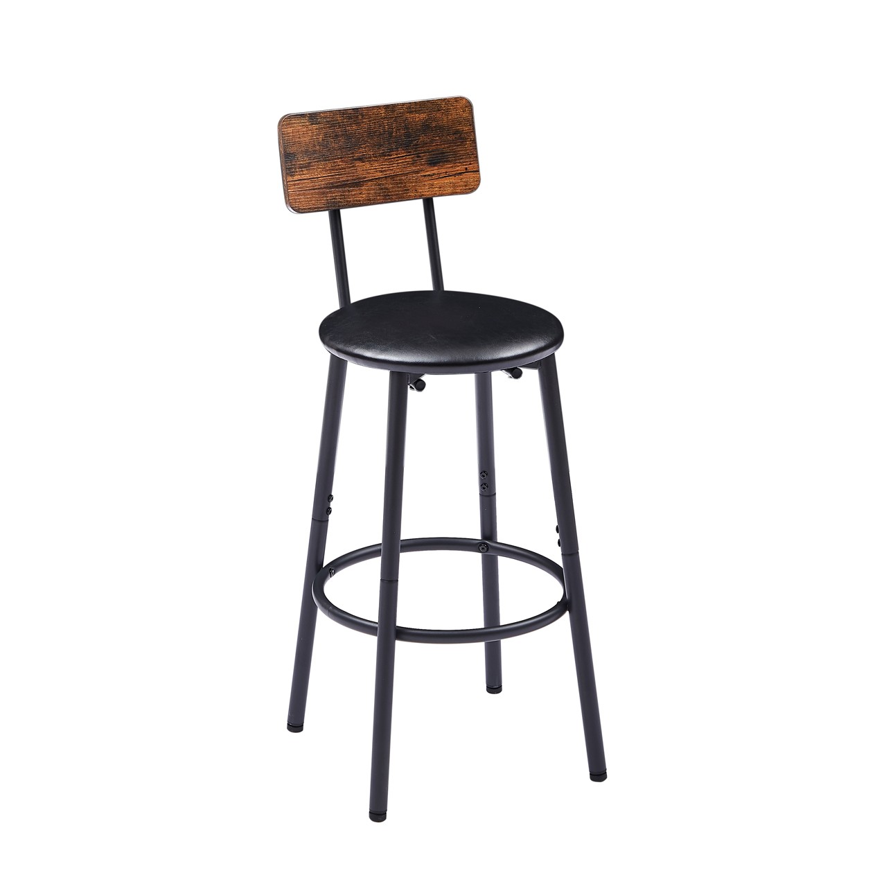 Rustic Brown Upholstered Round Bar Stools - With Shelf