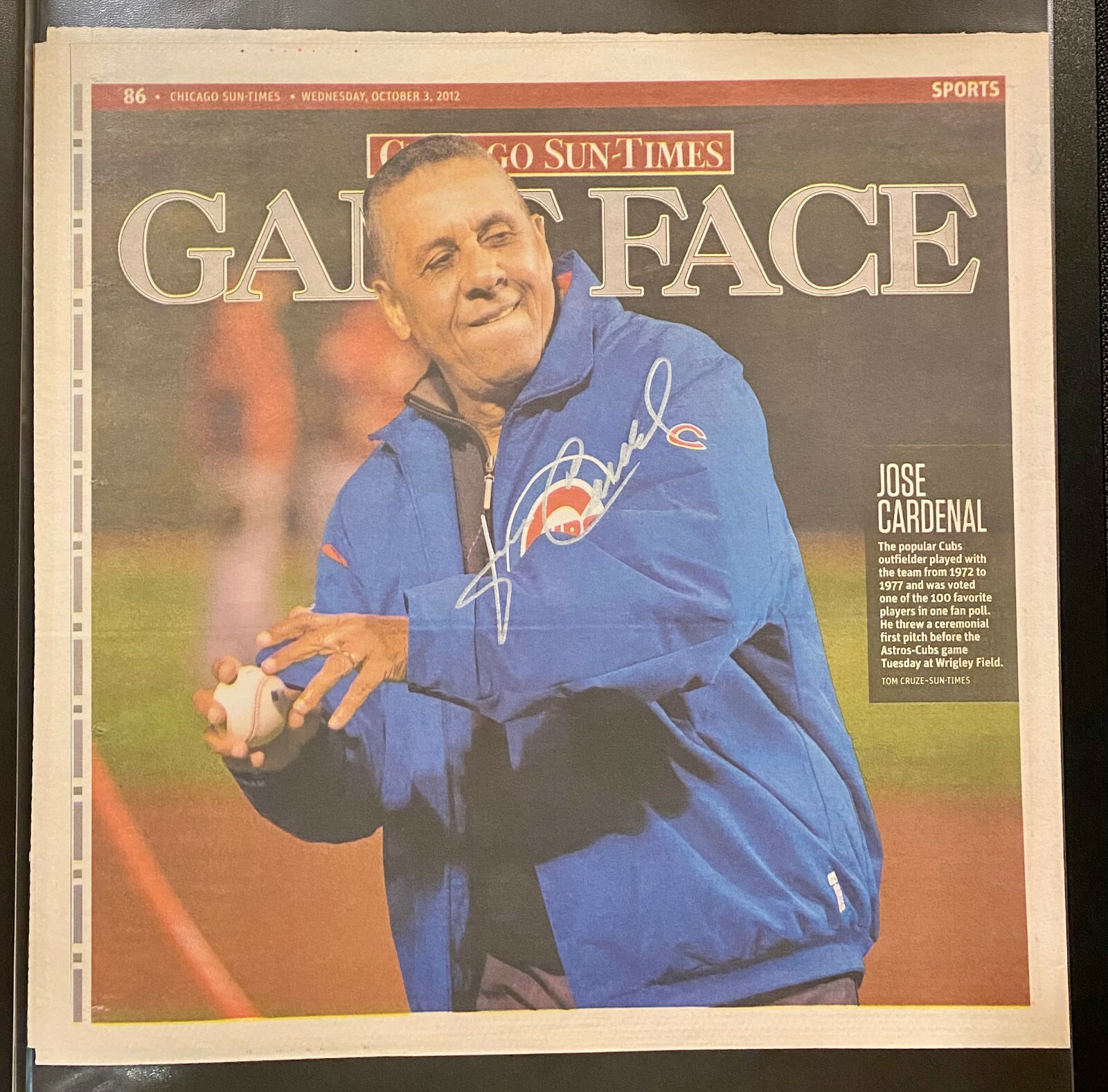 JOSE CARDENAL Signed Chicago CUBS NEWSPAPER Autograph 1st Pitch Sun Times
