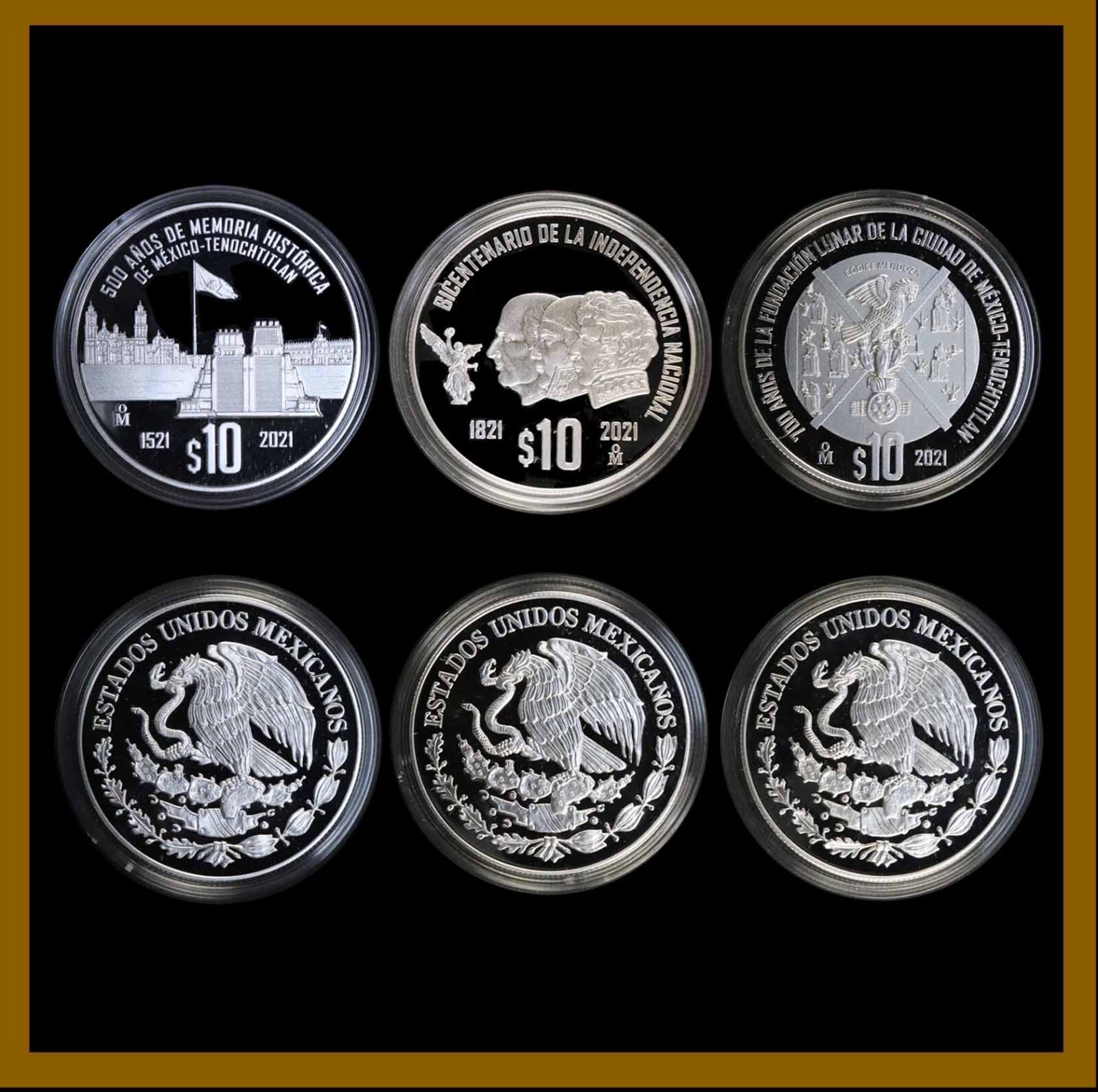 Mexico 10 Pesos Silver (3 Pcs Coin Set), 2021 200 National, 500 700 Tenochtitlan
