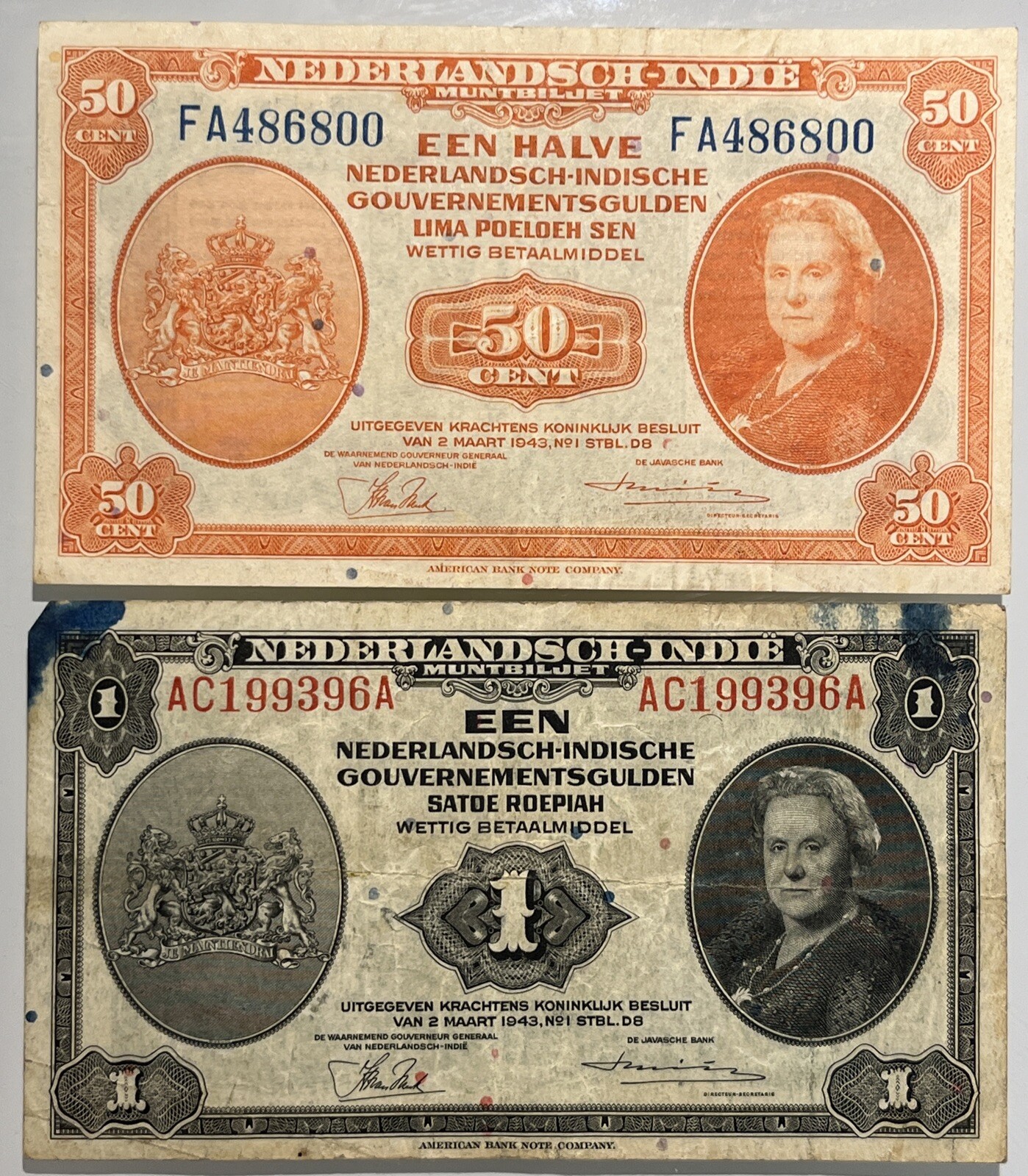 NETHERLANDS INDIE 1943 1 Gulden & 50cents WWII 2 Banknotes