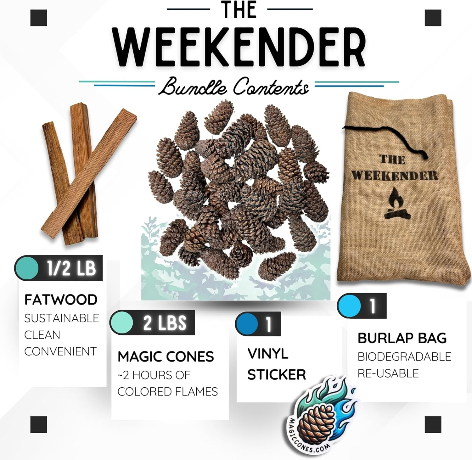 Magic Cones Weekend Bundle: 2 Pine Cones & Fatwood Firestarter Sticks