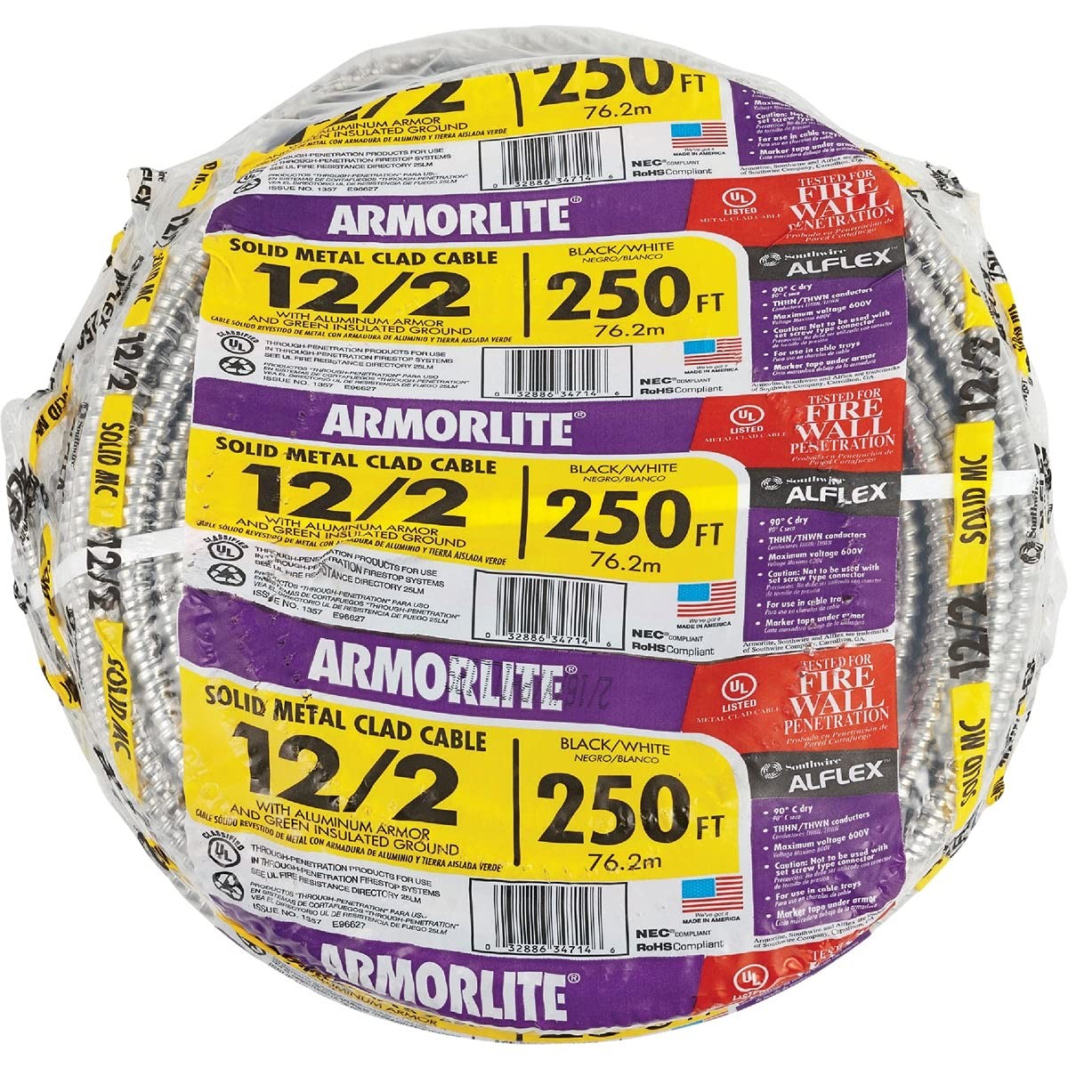 Southwire 68580055 250 ft 12/2 solid CU MC Lite Cable, 250 ft, Aluminum