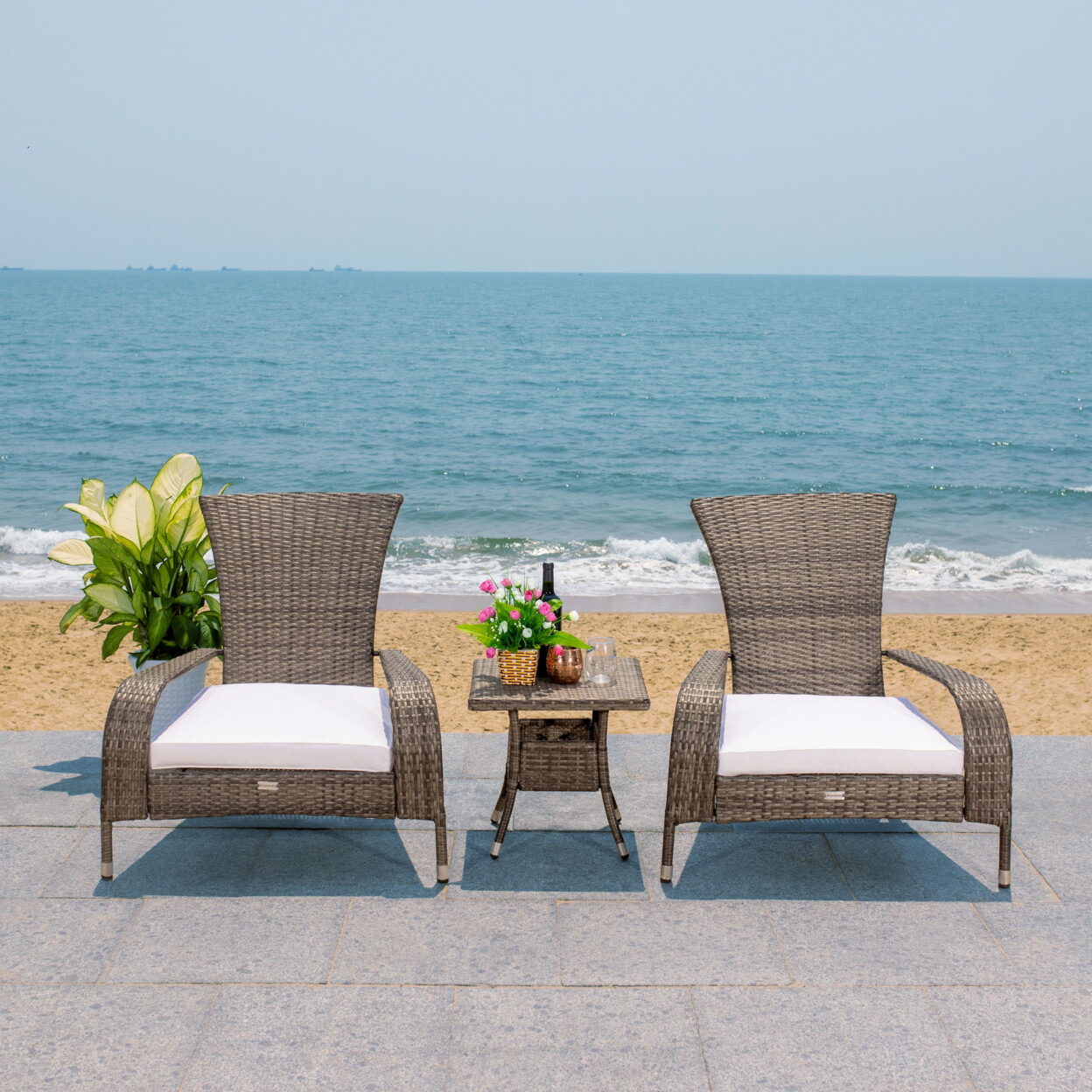 SAFAVIEH Outdoor Collection Edna 3-Piece Lounge Set | Grey Brown/White Cushion |