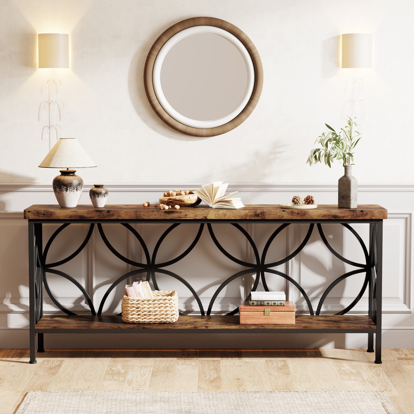 71'' Narrow Console Table, Industrial Long Sofa Table Behind Couch w/ Storage