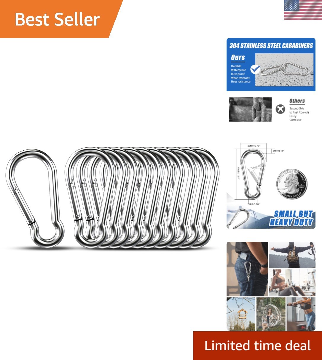 1.57-Inch Multi-Purpose Stainless Steel Carabiners - 10 Pack for Outdoor Gear