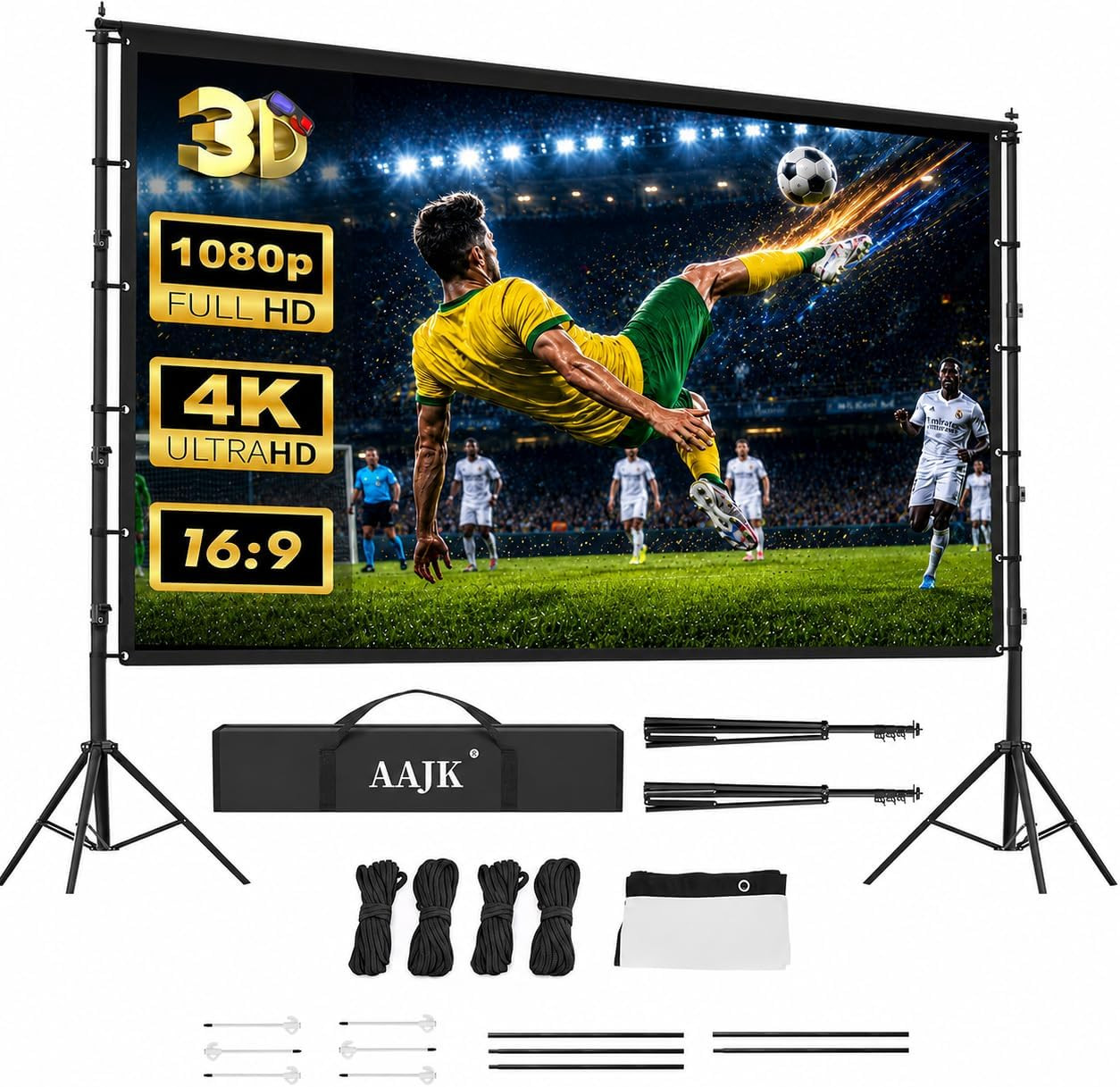 150In Outdoor Projector Screen with Stand, Portable 16:9 4K HD Indoor Outdoor Pr