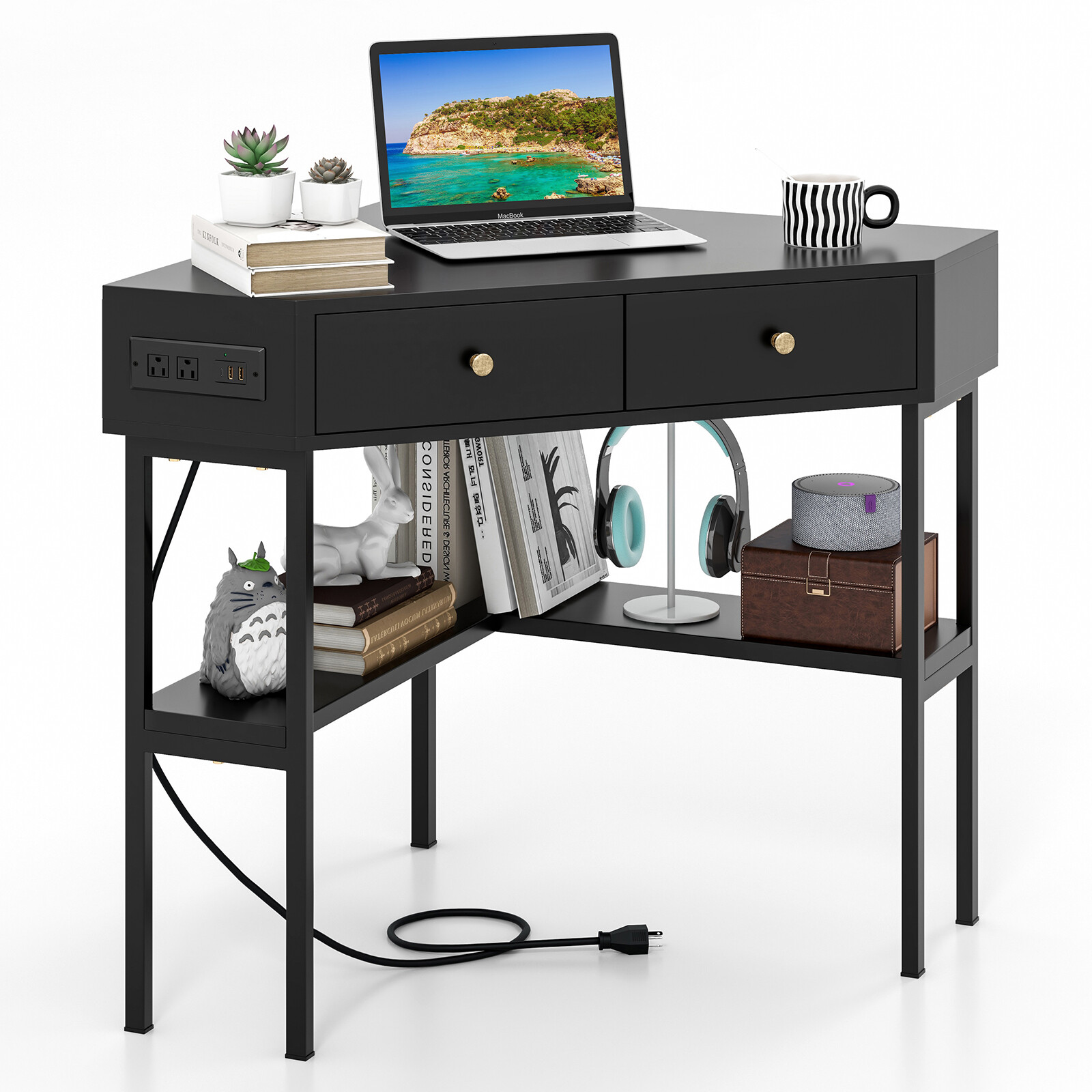 Costway Corner Computer Desk Writing Workstation Study Desk w/ 2 Drawers Black