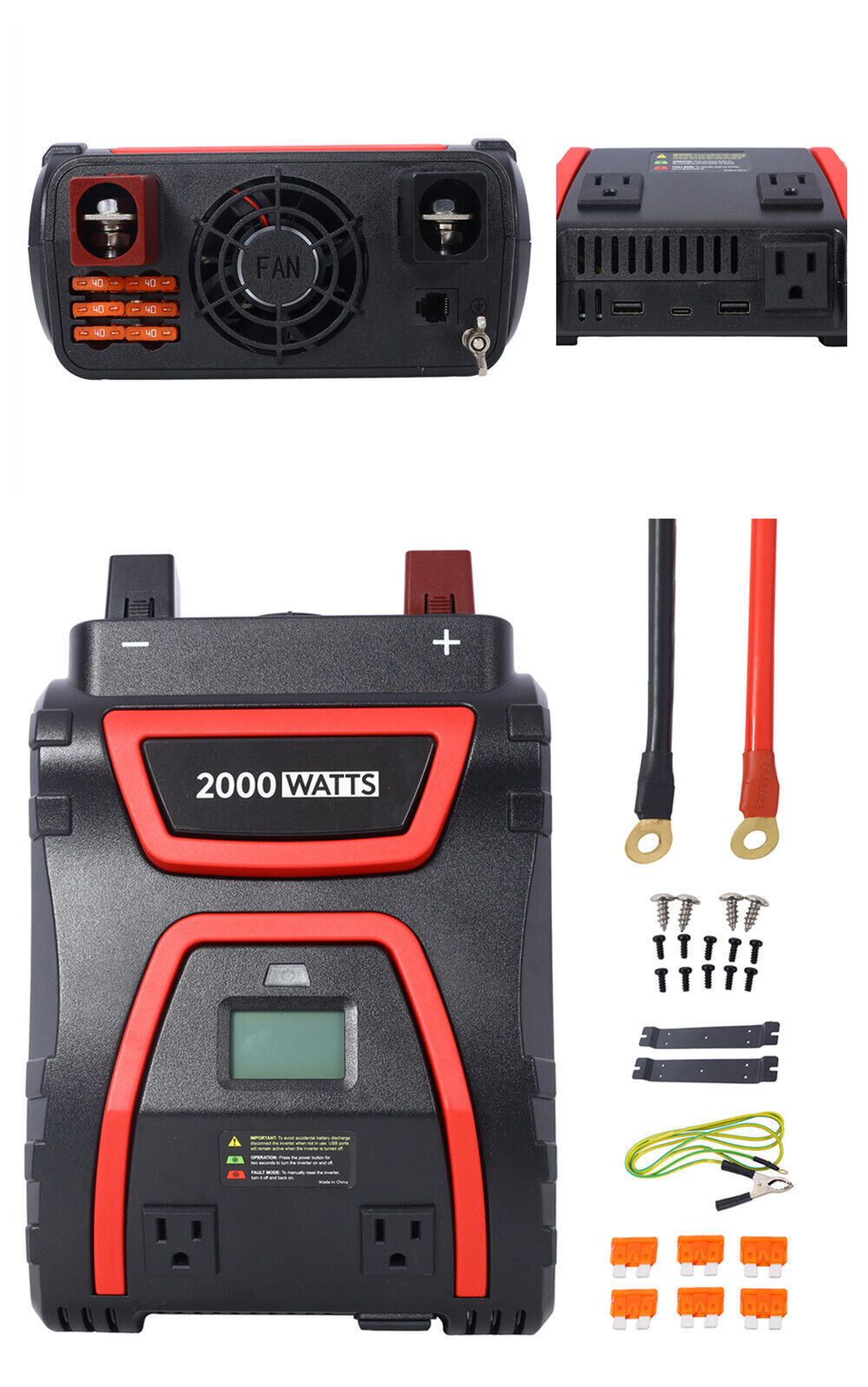 2000 Watts Power Inverter DC 12V To AC 115V for Trucks Boats Off Grid RV