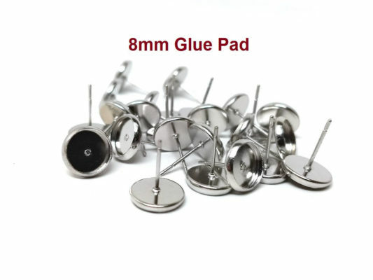 Silver Tone Earring Posts Studs Settings Bezels Cabochons Tacks- 8mm Glue Pad