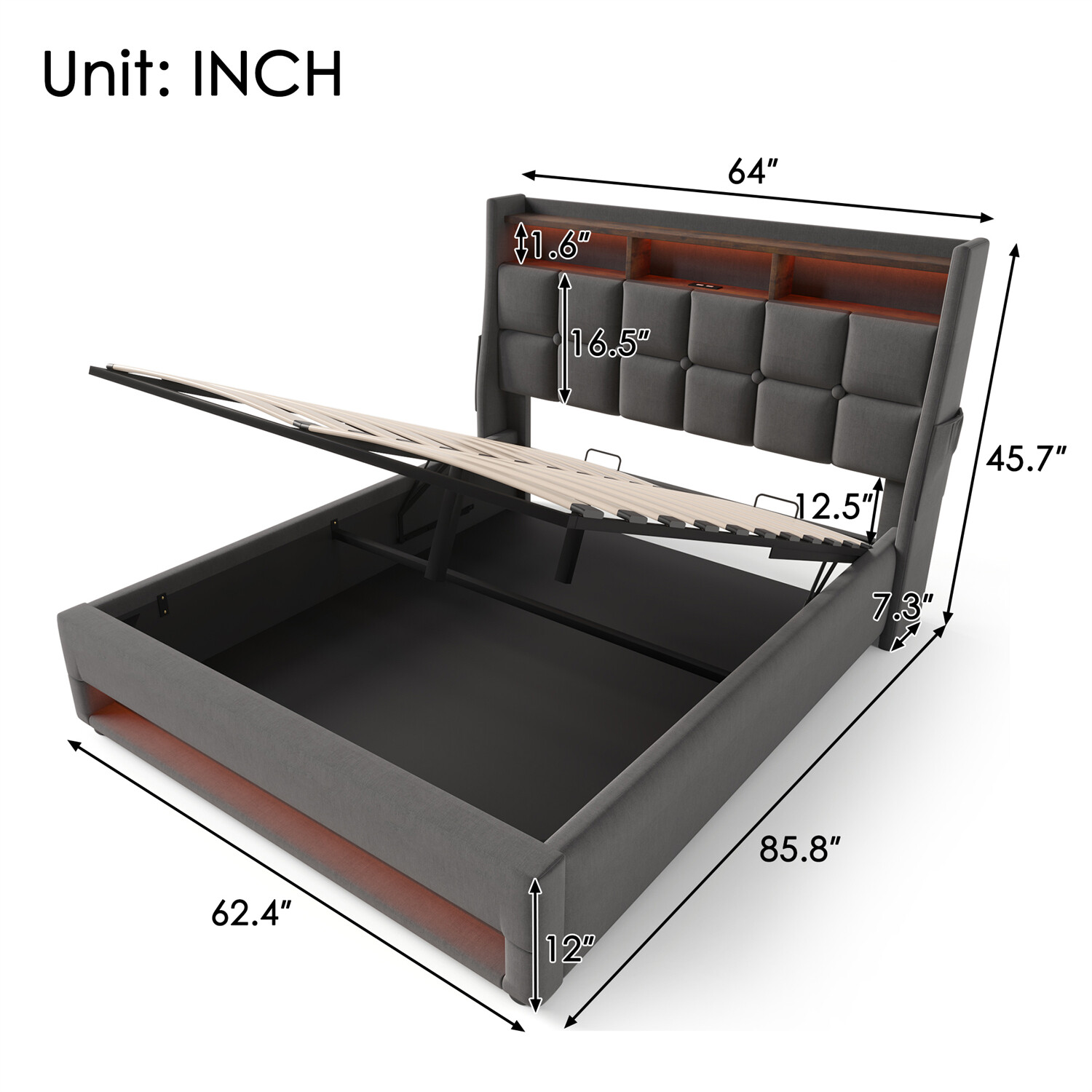 Queen Size LED Bed Frame Upholstered Platform Bed w/ Hydraulic Storage System