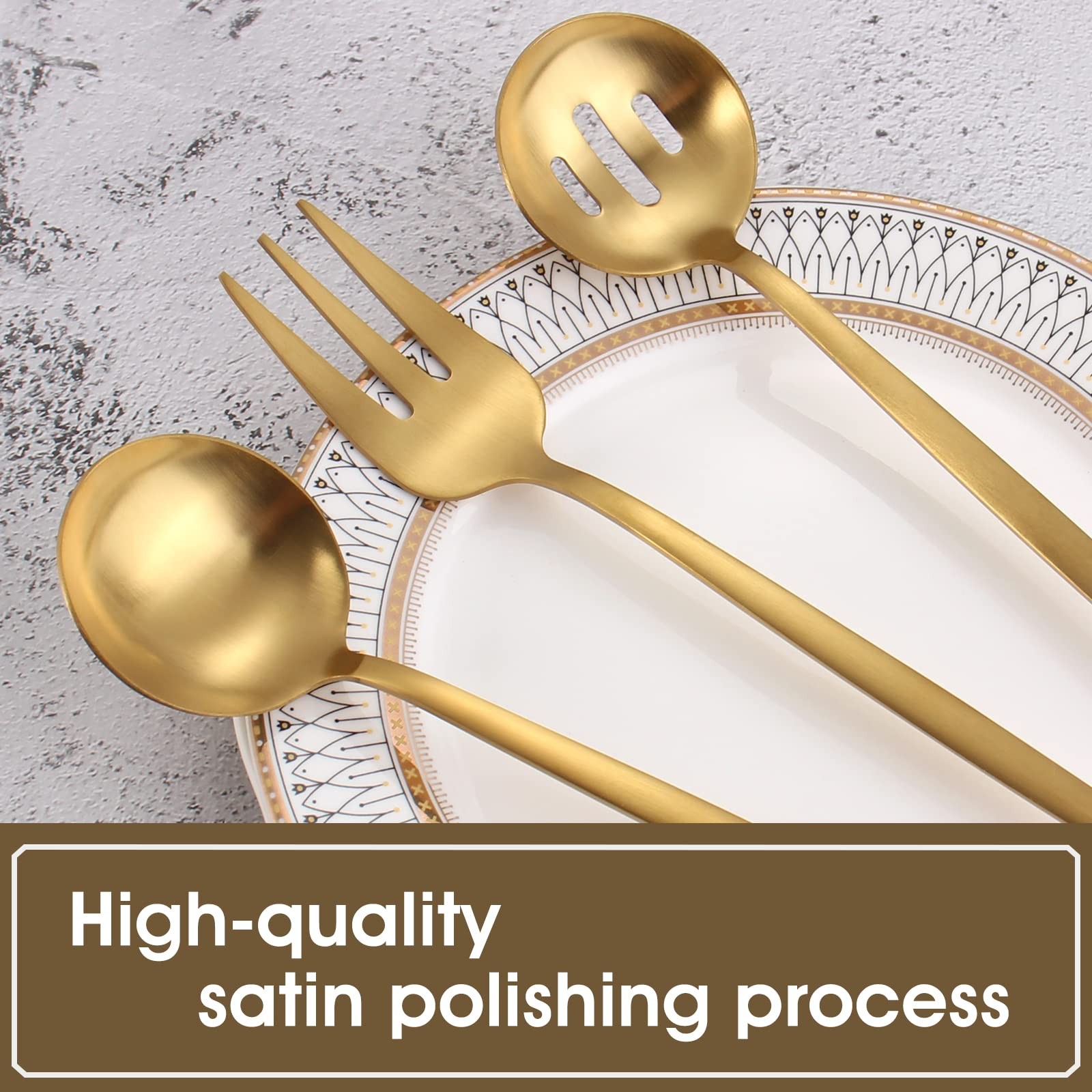 VANVRO Matte Gold Serving Silverware Set, 5-Piece Round Shared Utensils Set o...