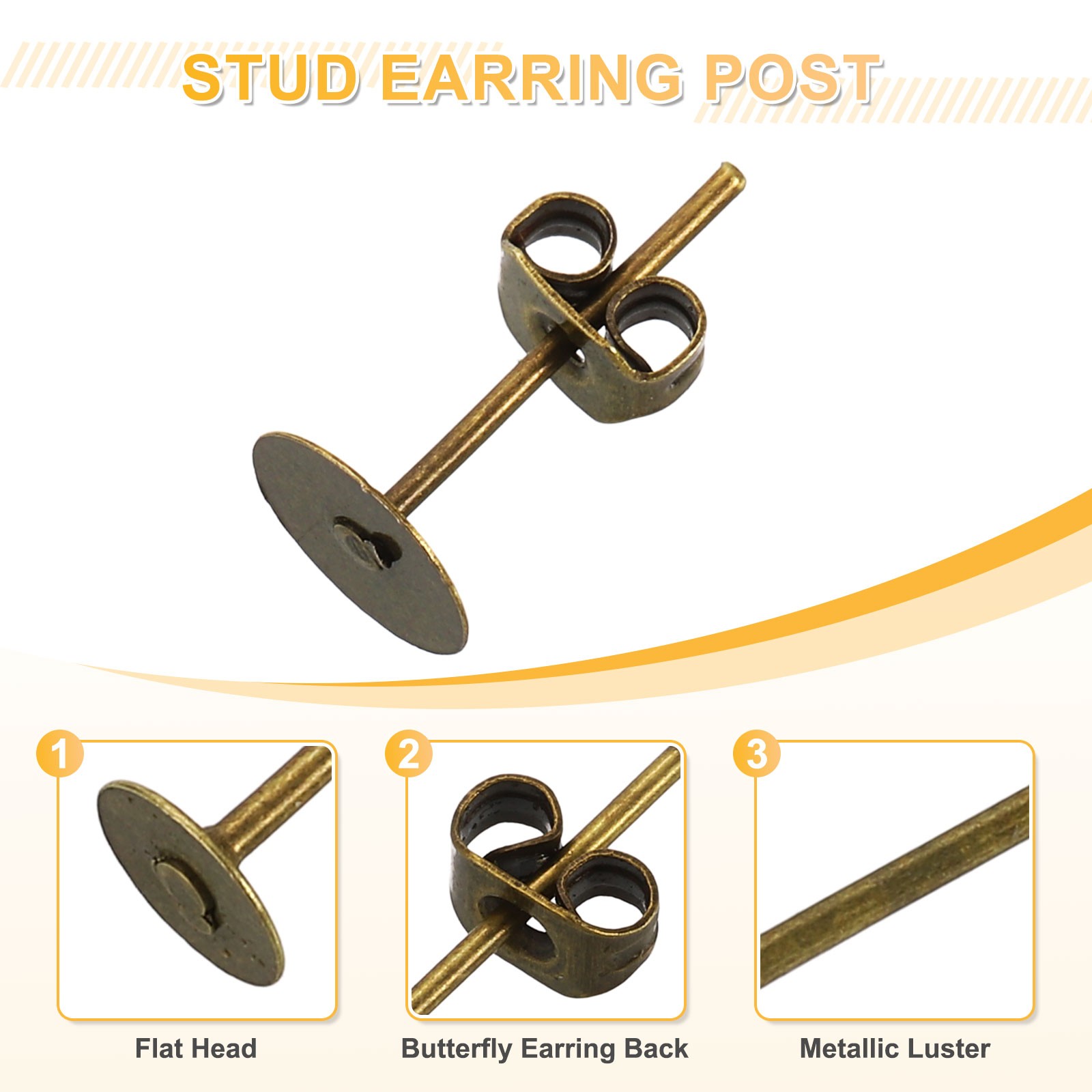 200Pcs Earring Posts and Backs, 6mm/0.24inch Earring Tray Studs, Bronze