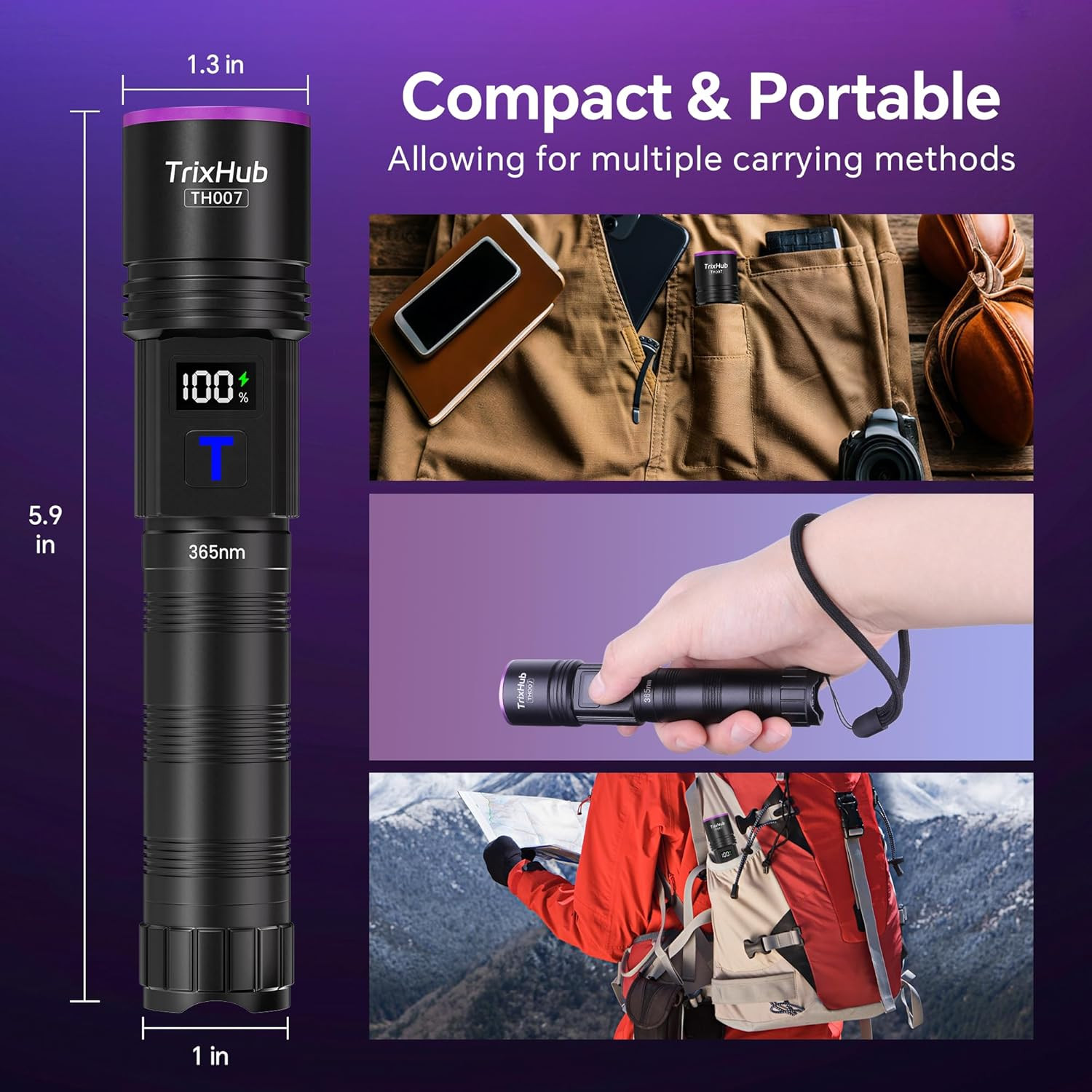 365Nm Black Light Flashlight 2 Pack, UV Flashlight Rechargeable with LCD Display