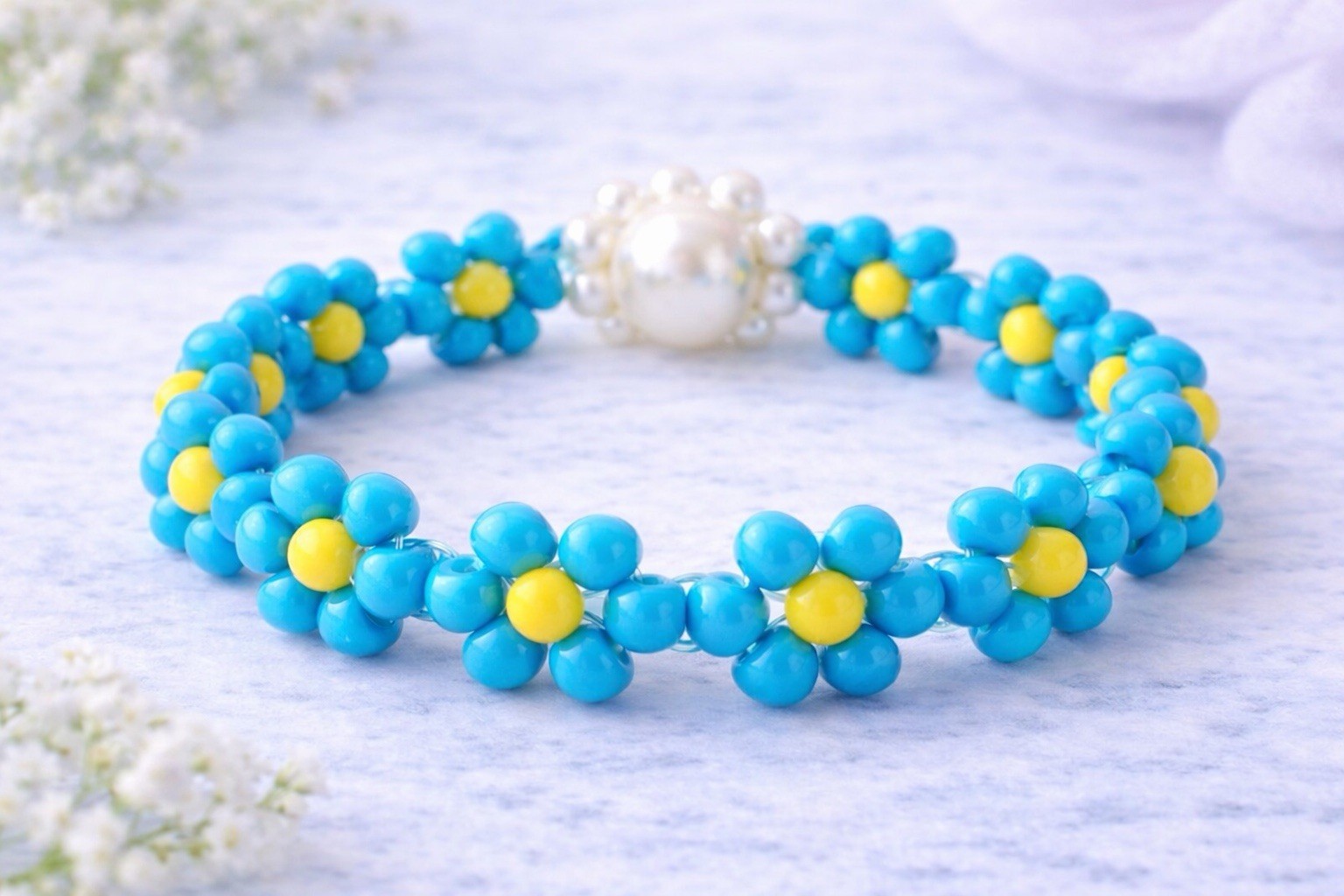 Turquoise & Yellow Daisy Beaded Bracelet Handmade Stretch Flower Jewelry